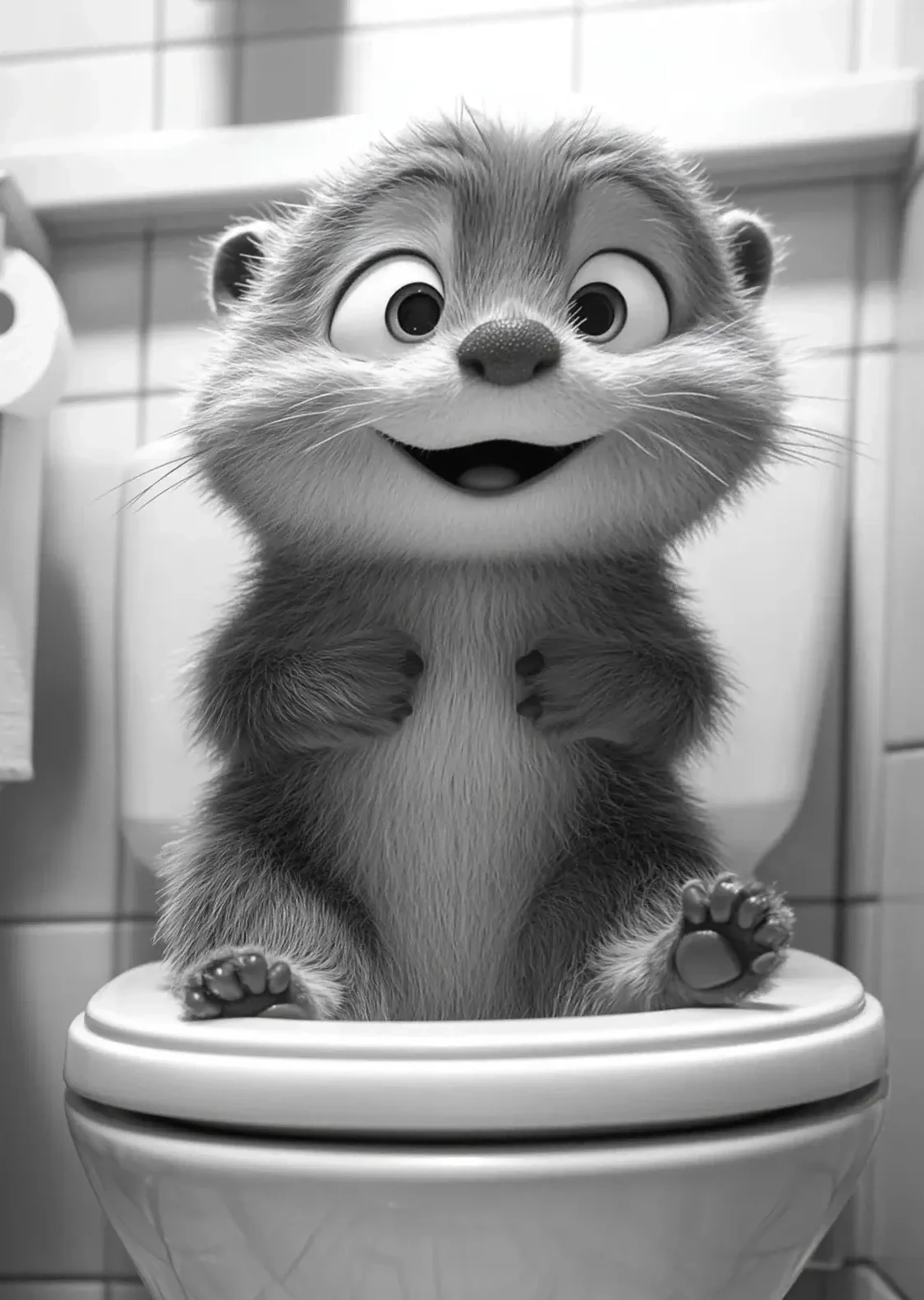 Fröhlicher Otter mit hellem Bauch und langen Schnurrhaaren auf einer Toilettenbrille in Schwarz-Weiß.