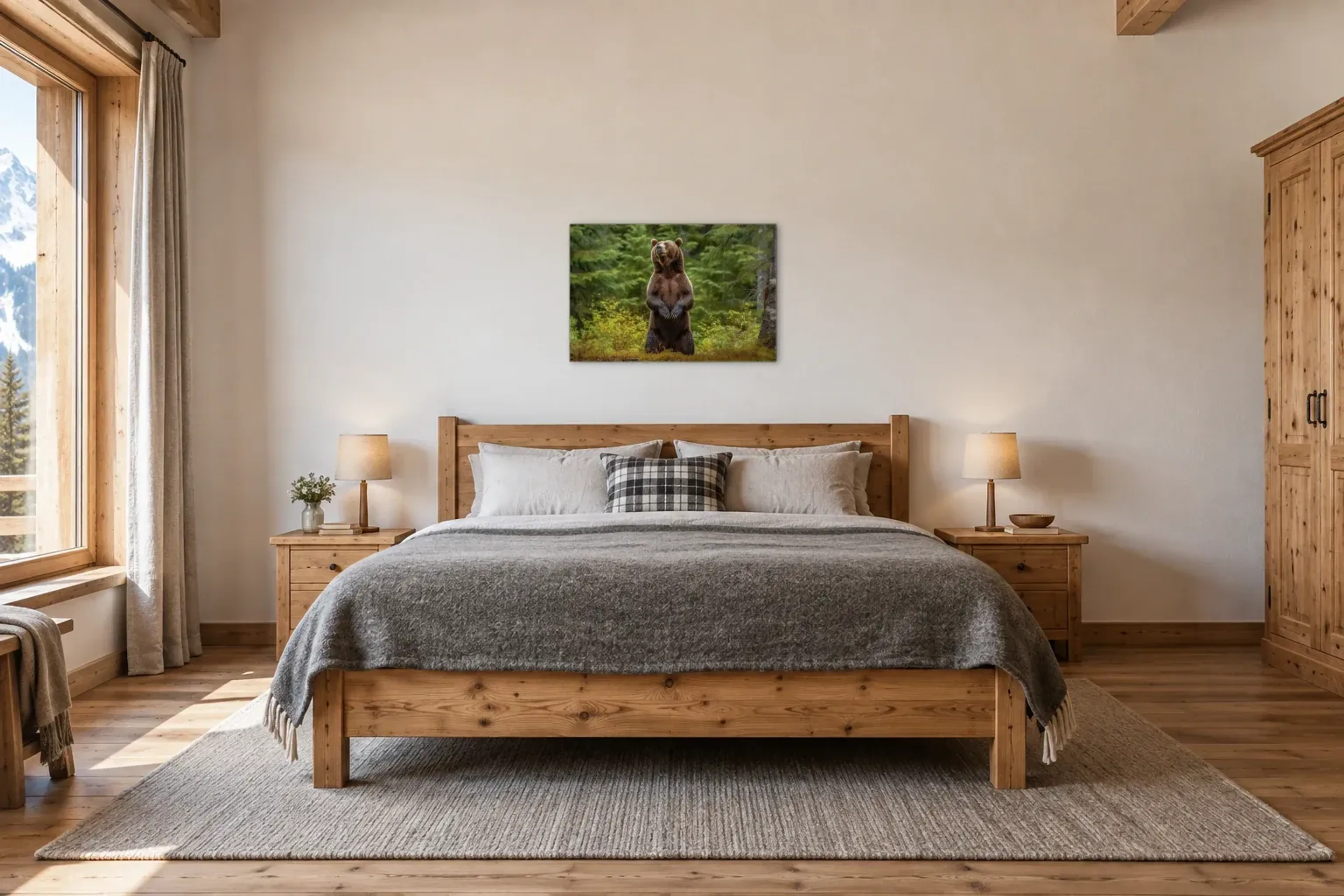 Aufrechter Braunbär im Wald als Wandbild über einem 180-cm-Bett