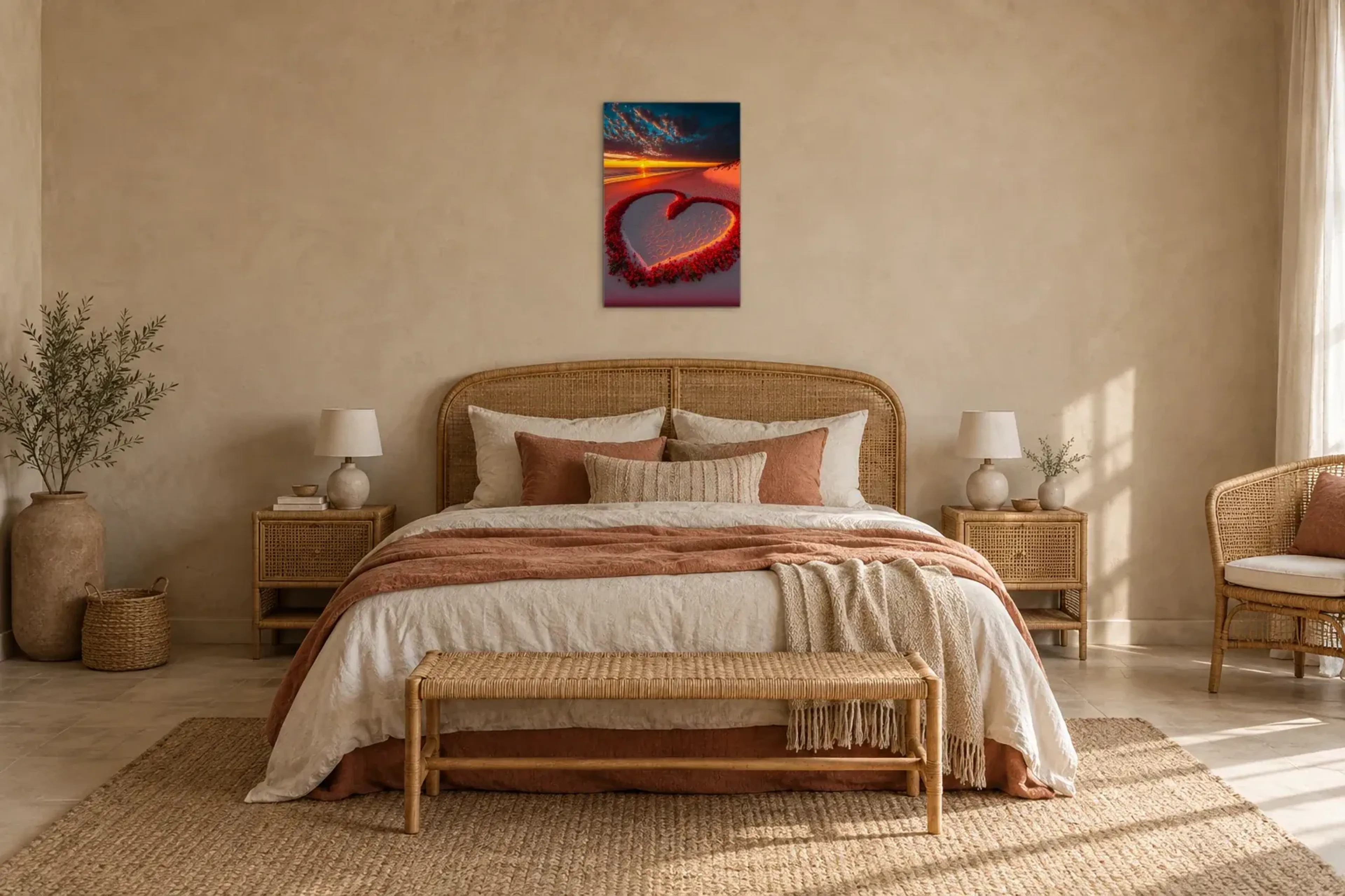 Rosenherz am Strand als Wandbild über einem 180-cm-Bett