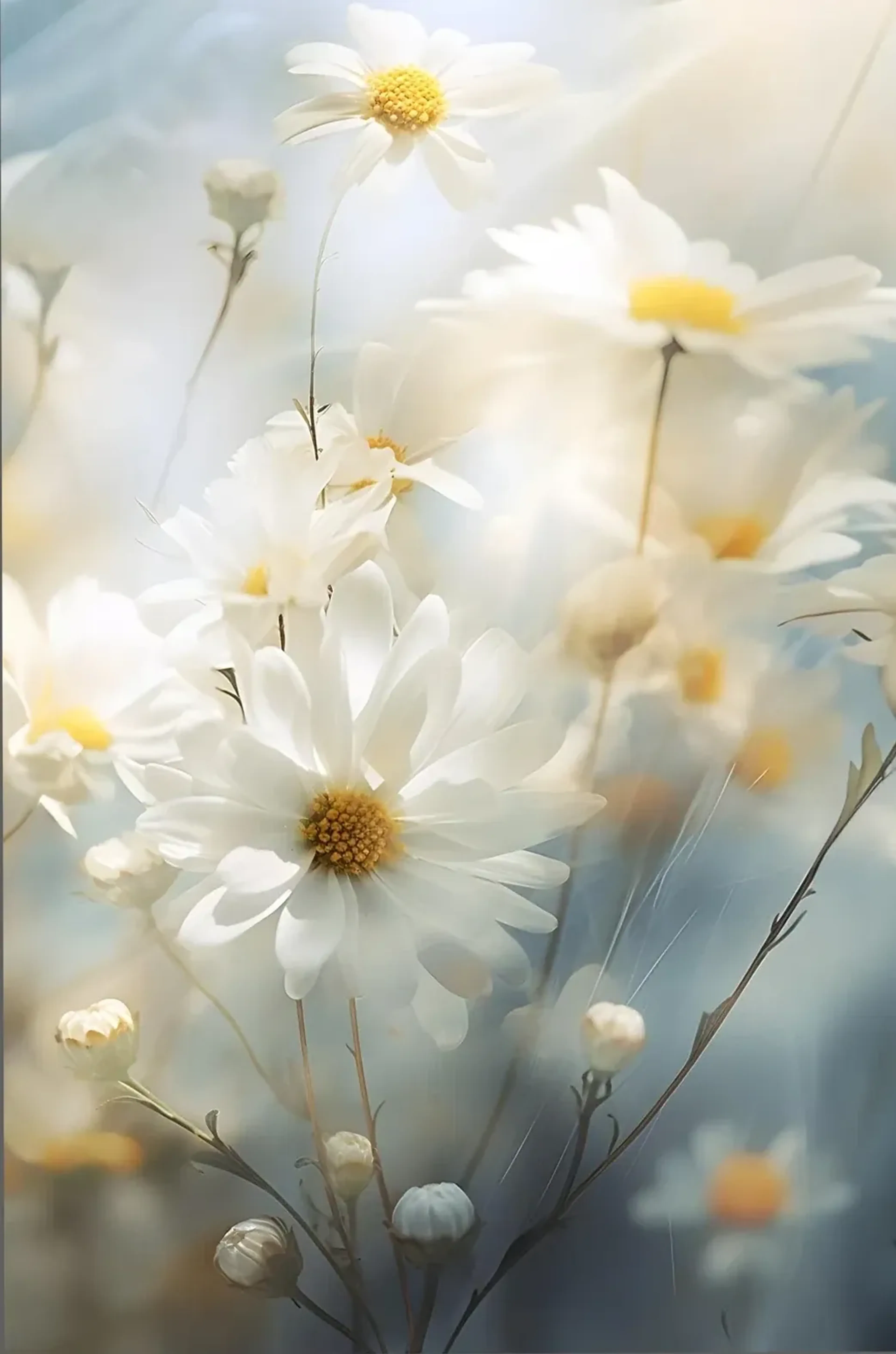 Weiße Blüten mit gelben Mitten und kleinen Knospen vor einem weich verschwommenen blau-cremefarbenen Hintergrund.