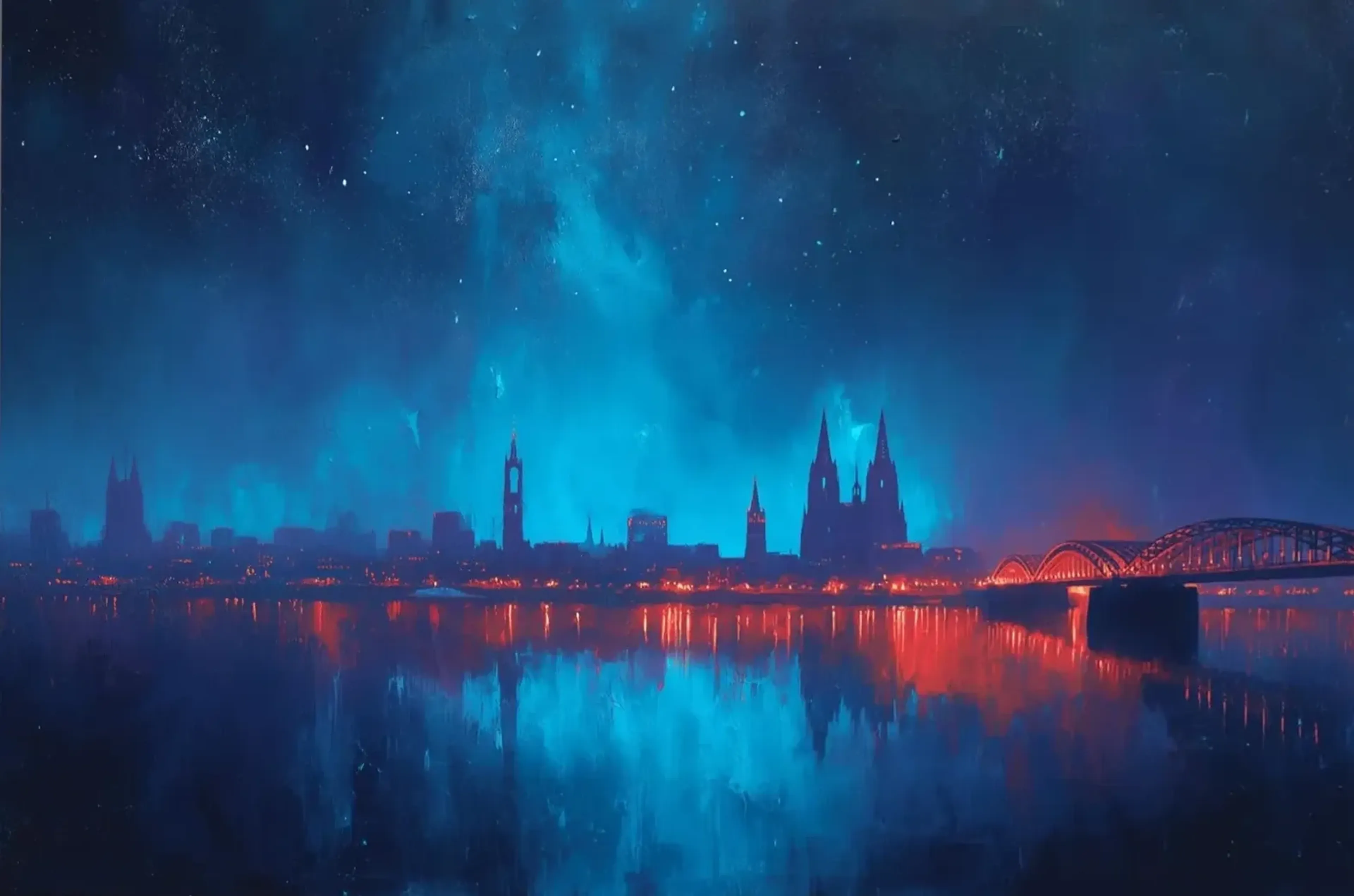 Köln zwischen Blau und Rot – Motiv als Wandbild auf Holz