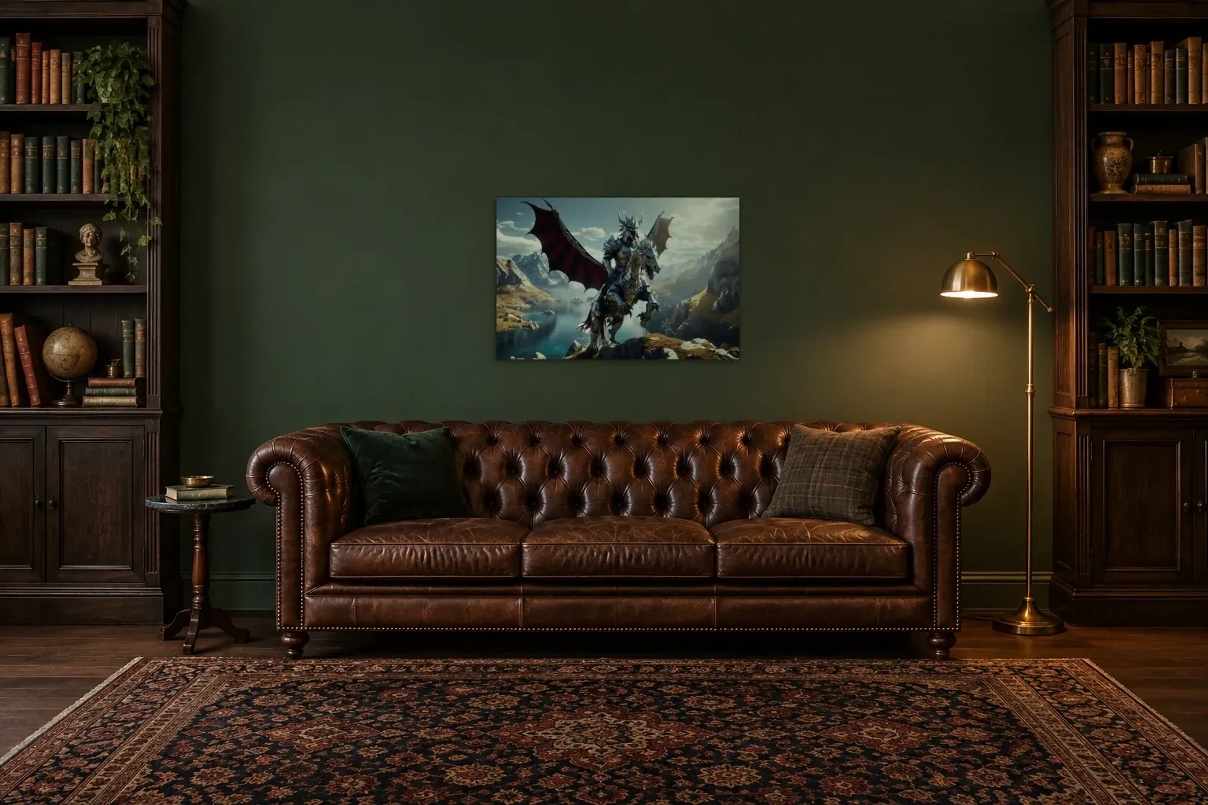 Drachenreiter am Bergsee als Wandbild über einem 200-cm-Chesterfield-Sofa