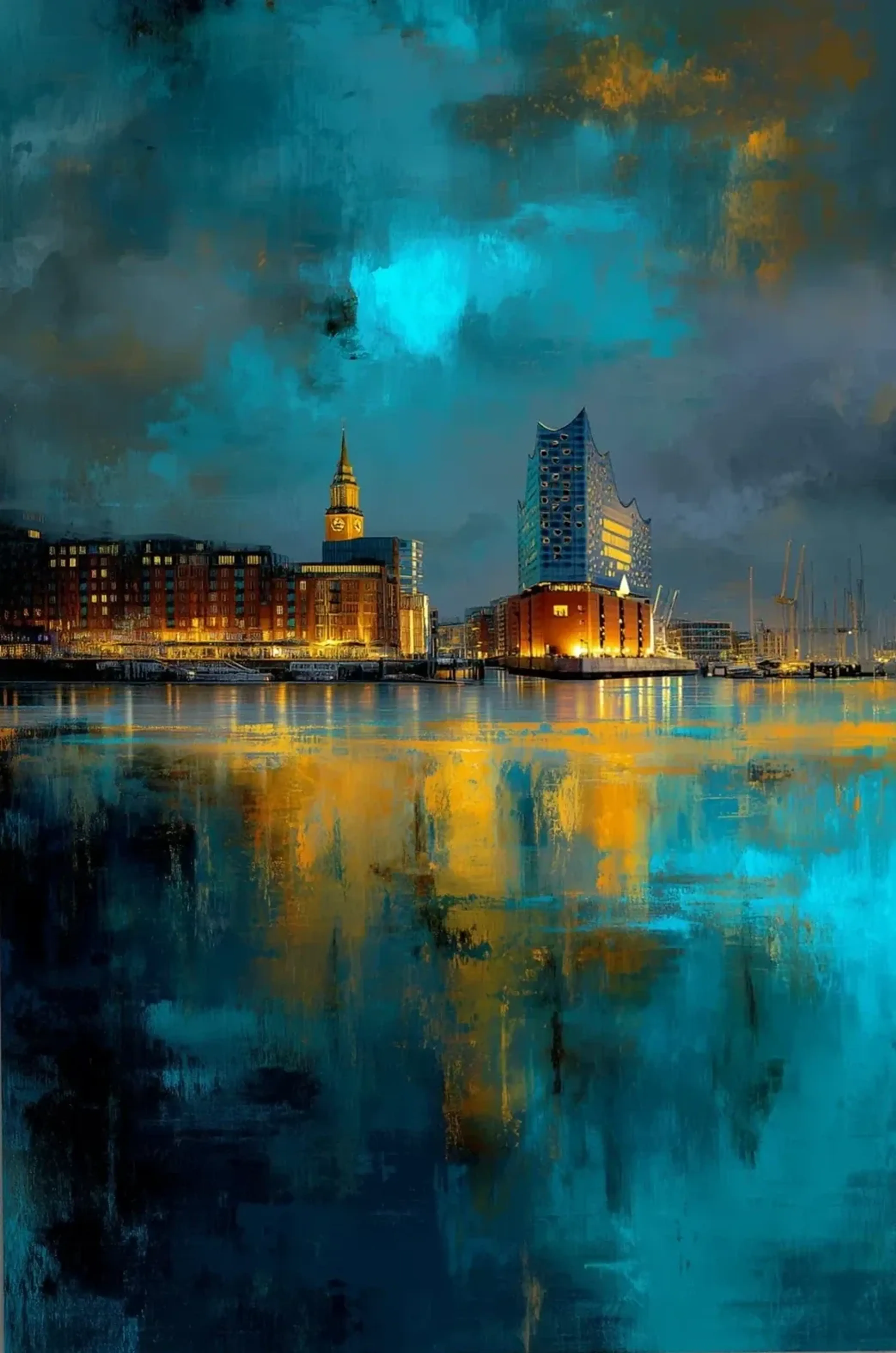 Elbphilharmonie und Ufergebäude unter türkisgrauem Himmel mit goldgelben und blauen Spiegelungen im Wasser.