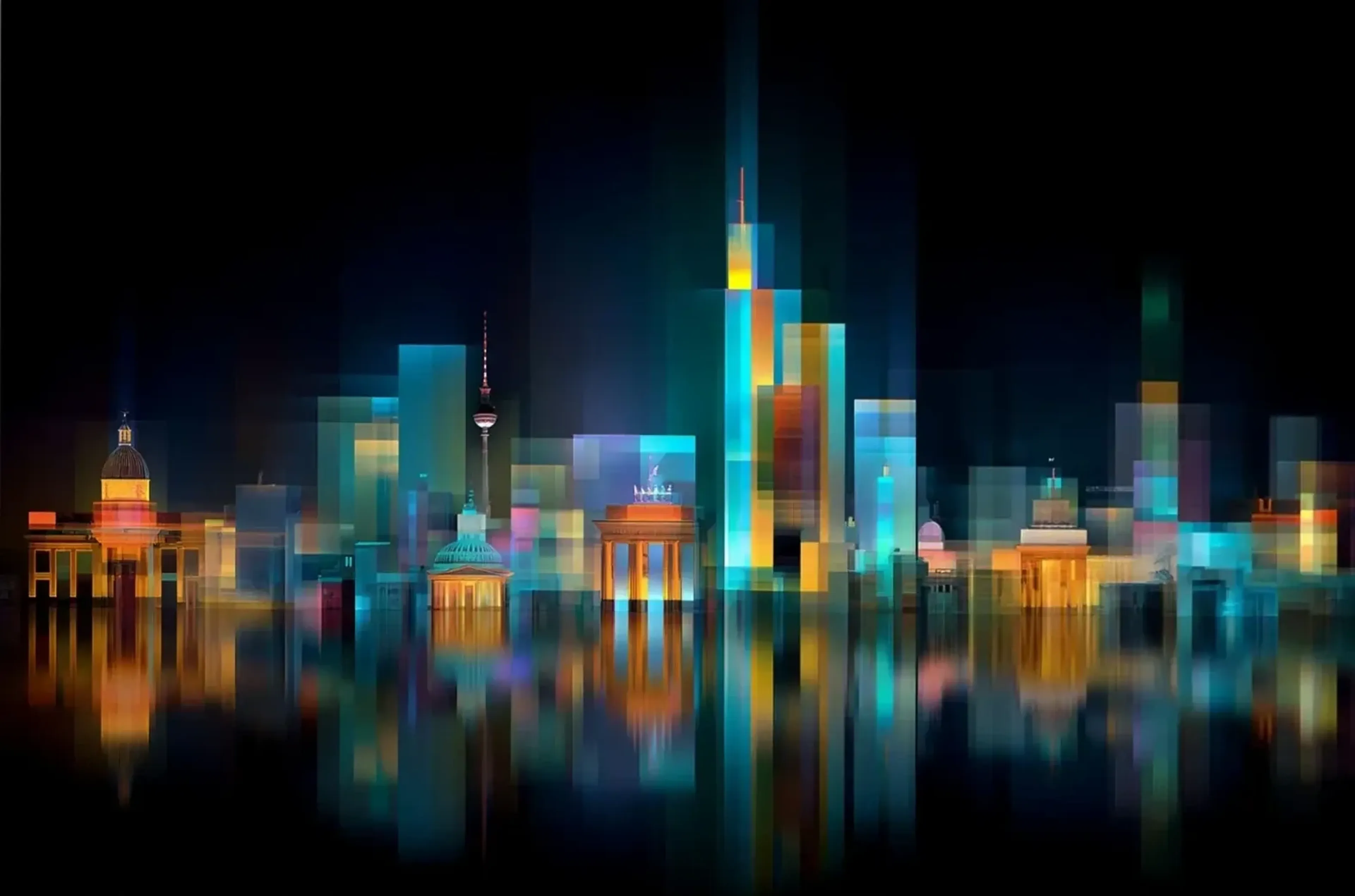 Abstrakte Berliner Skyline mit leuchtenden Rechtecken in Türkis, Blau und Orange und Spiegelungen auf Schwarz.