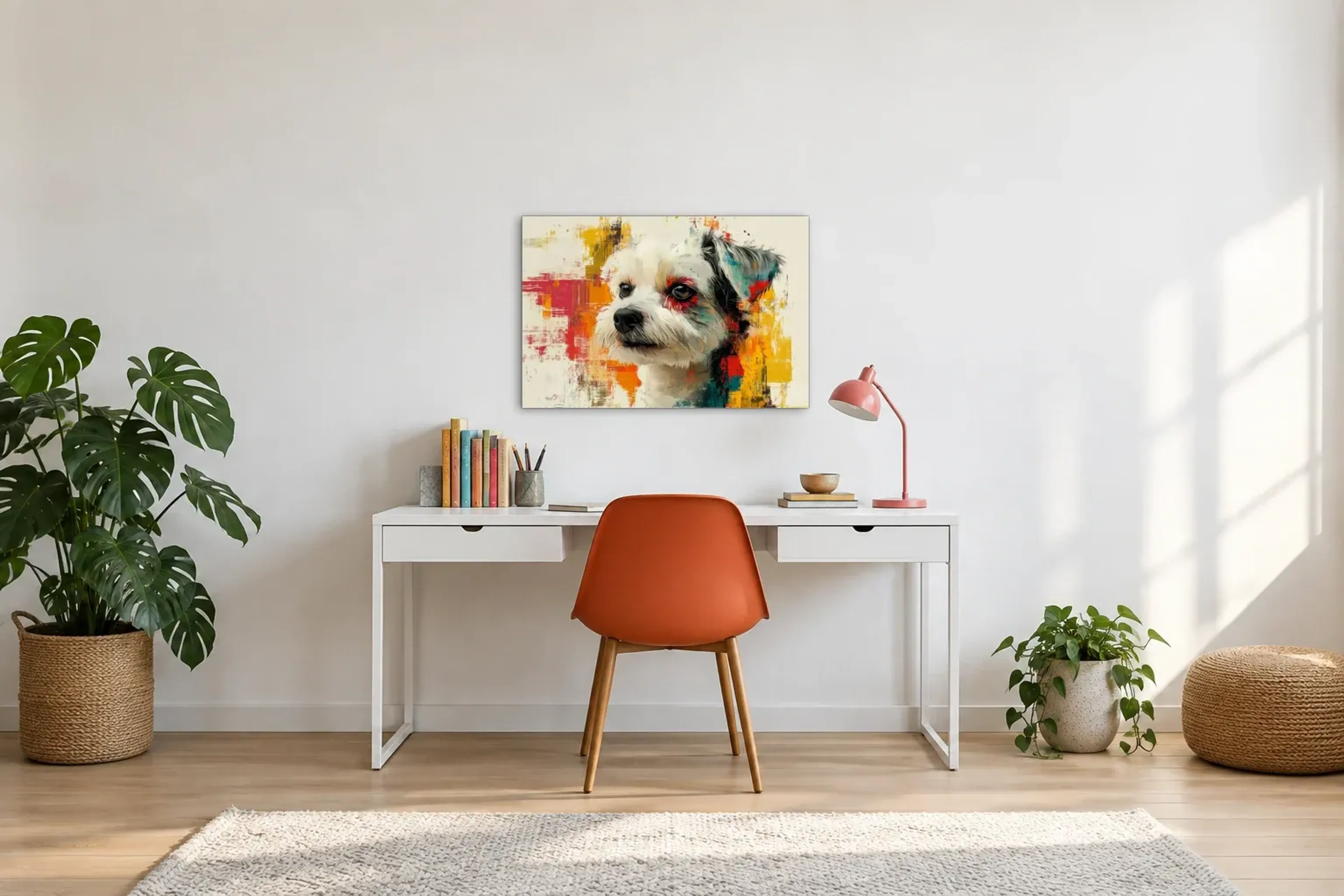 Malteser in bunten Pinselspuren als Wandbild über einem 140-cm-Schreibtisch