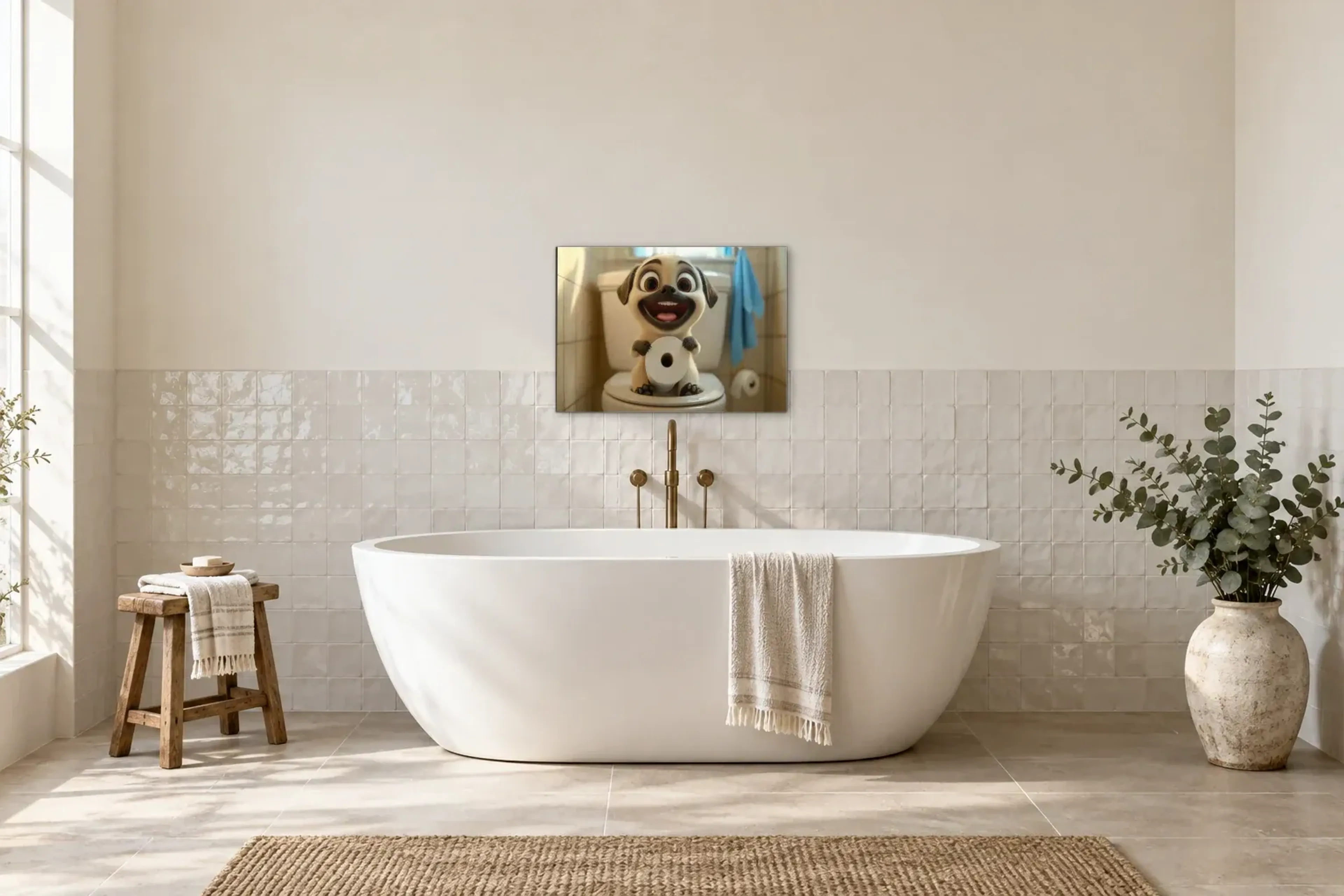 Mops mit breitem Grinsen als Wandbild über einer 170-cm-Badewanne