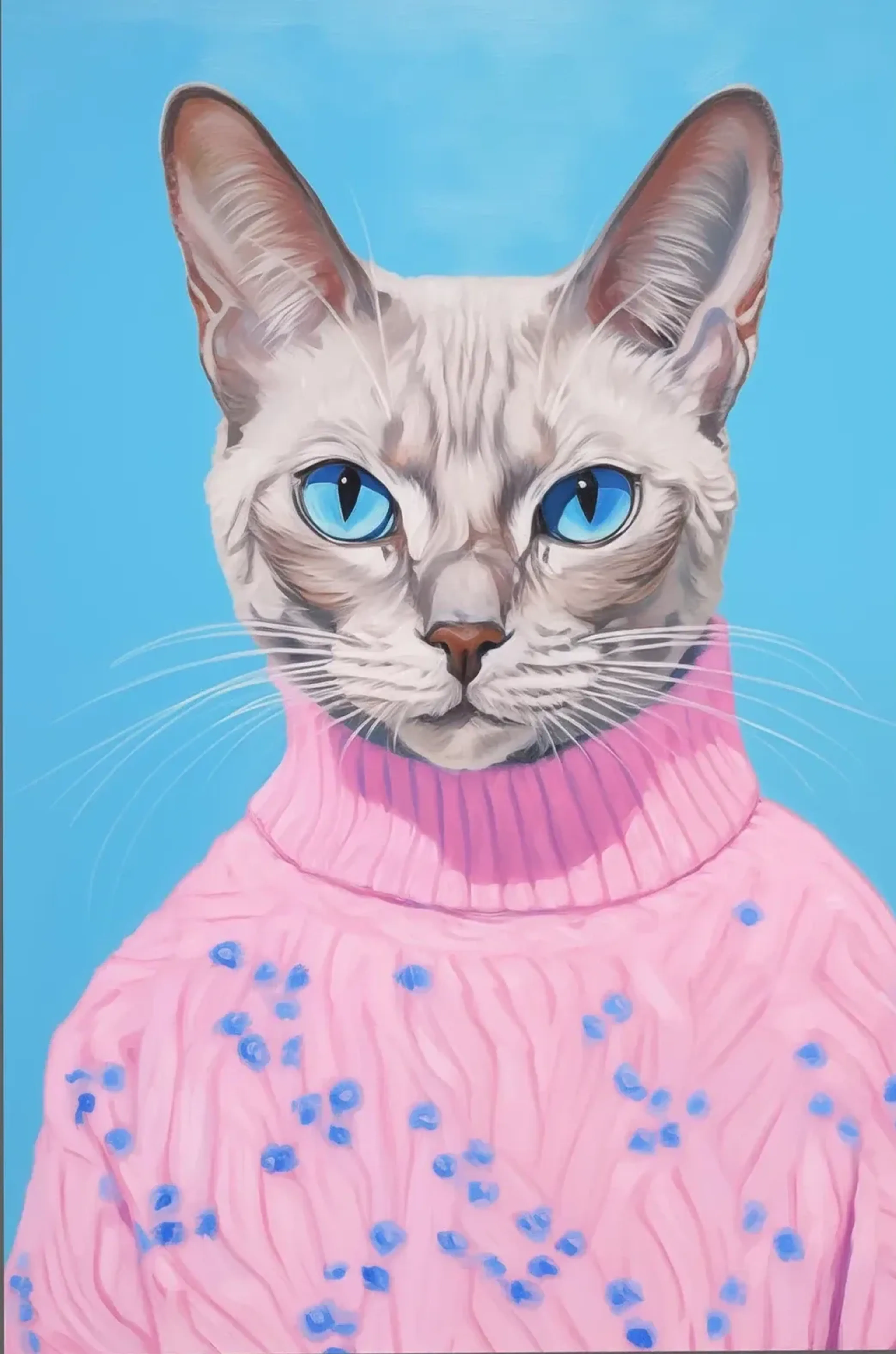 Helle Katze mit blauen Augen im rosa Rollkragenpullover mit blauen Tupfen vor türkisblauem Hintergrund.