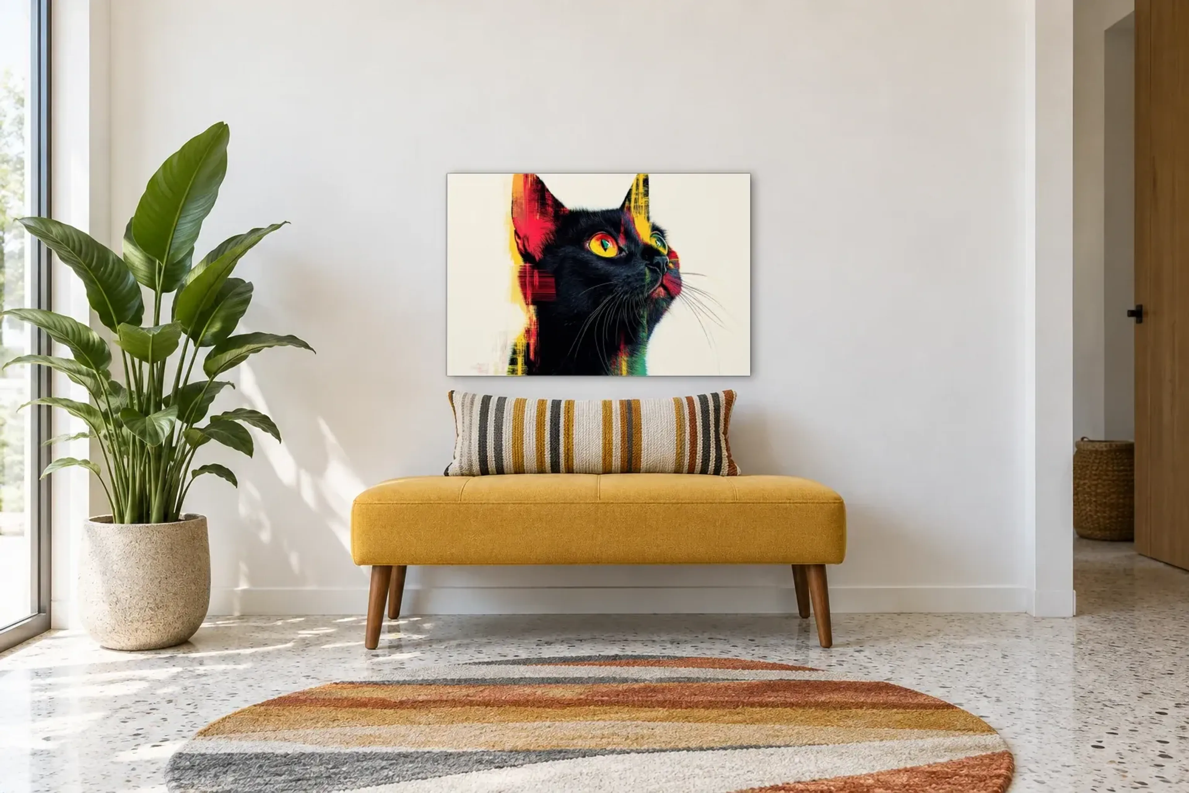 Katze mit wachem Blick als Wandbild über einer 120-cm-Bank