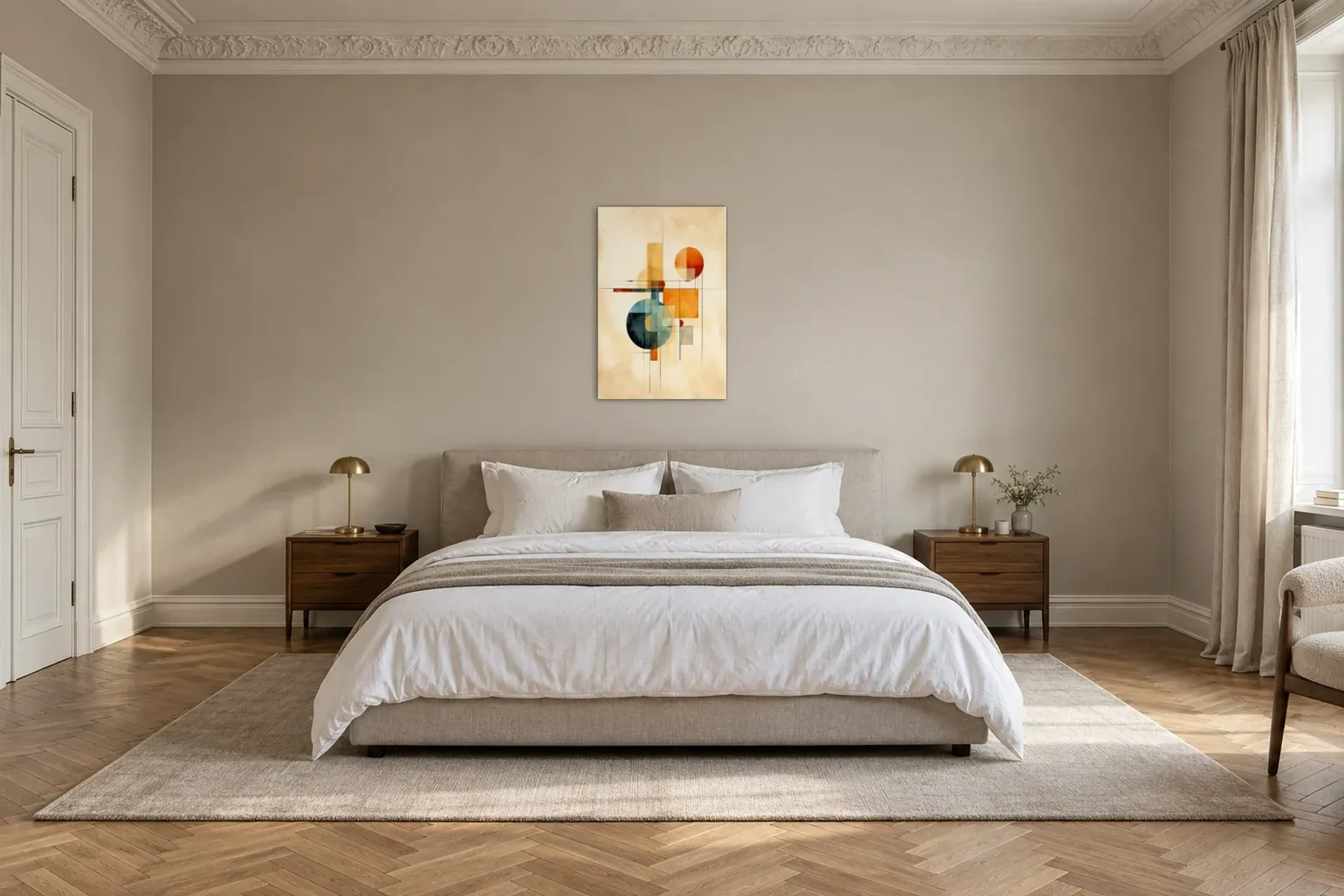 Kreise in Balance als Wandbild über einem 180-cm-Bett