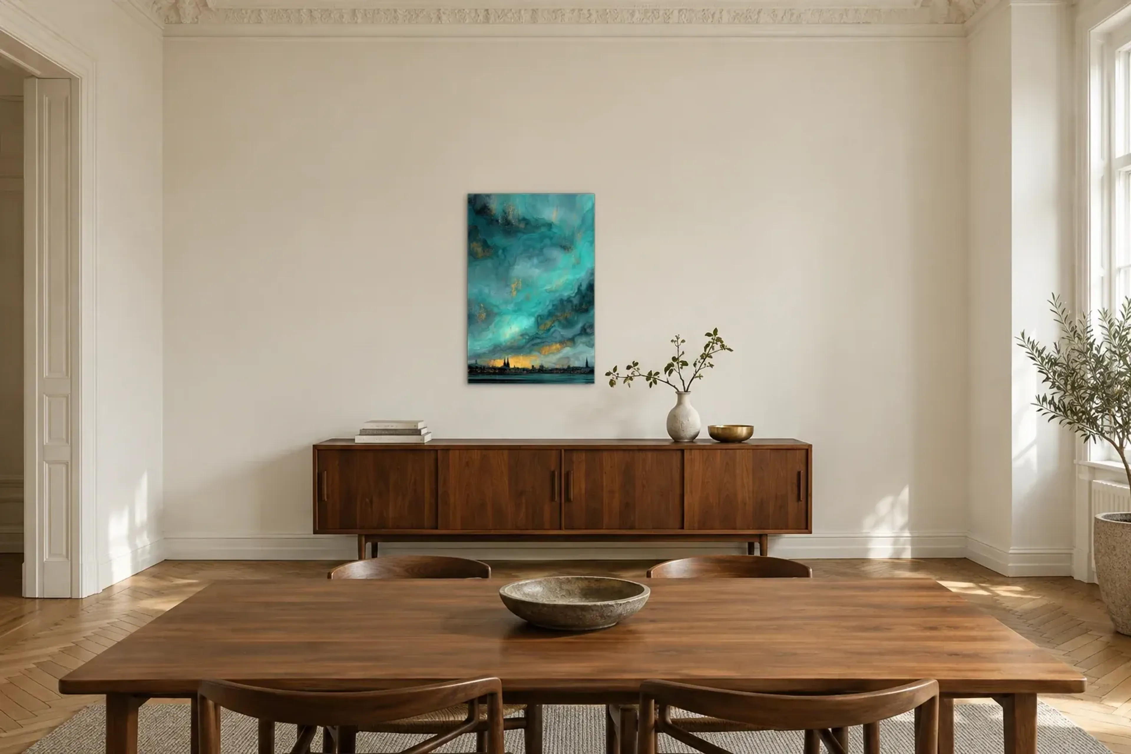 Köln unter fließendem Türkis als Wandbild über einem 200-cm-Sideboard