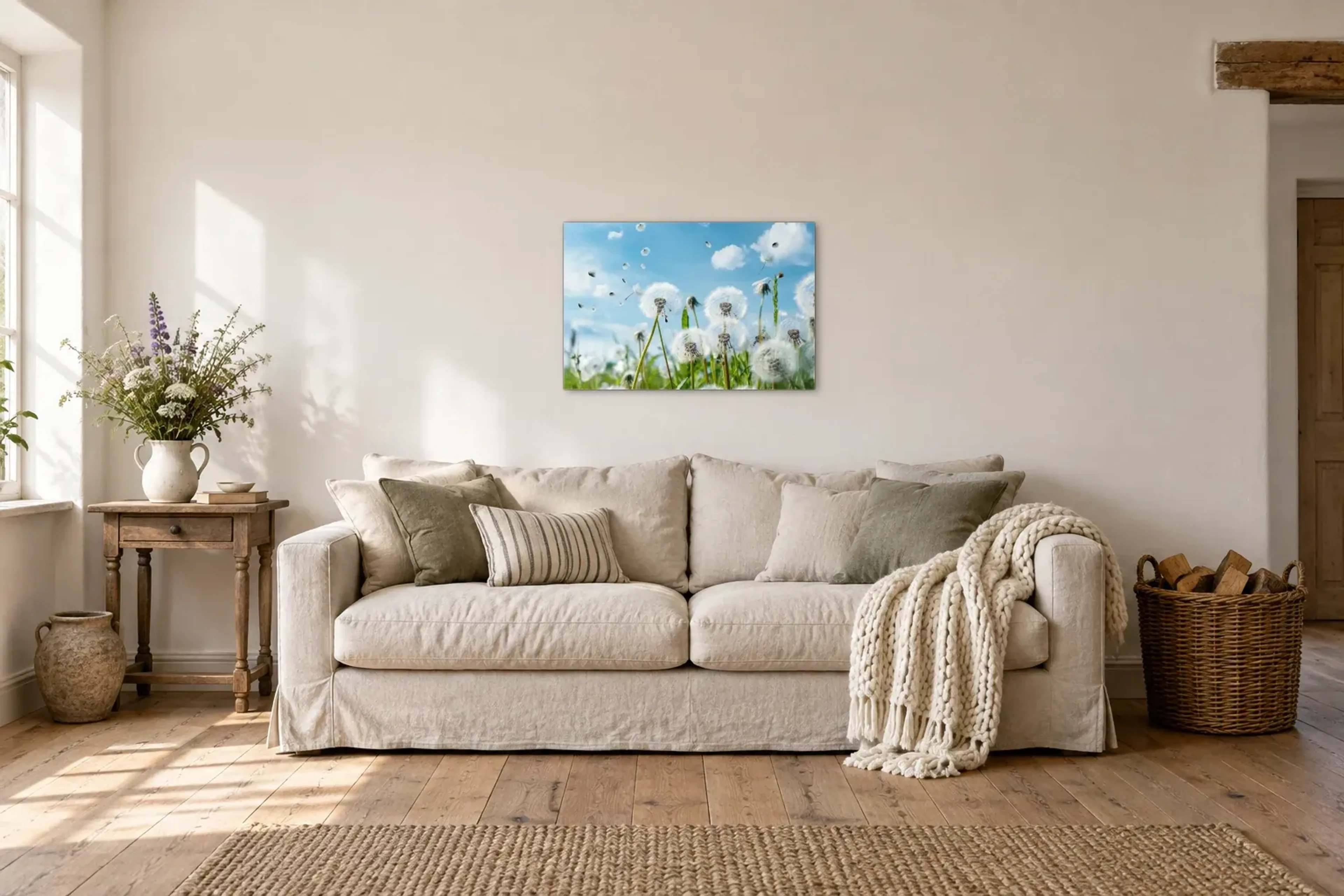 Pusteblumen unter blauem Himmel als Wandbild über einem 220-cm-Sofa