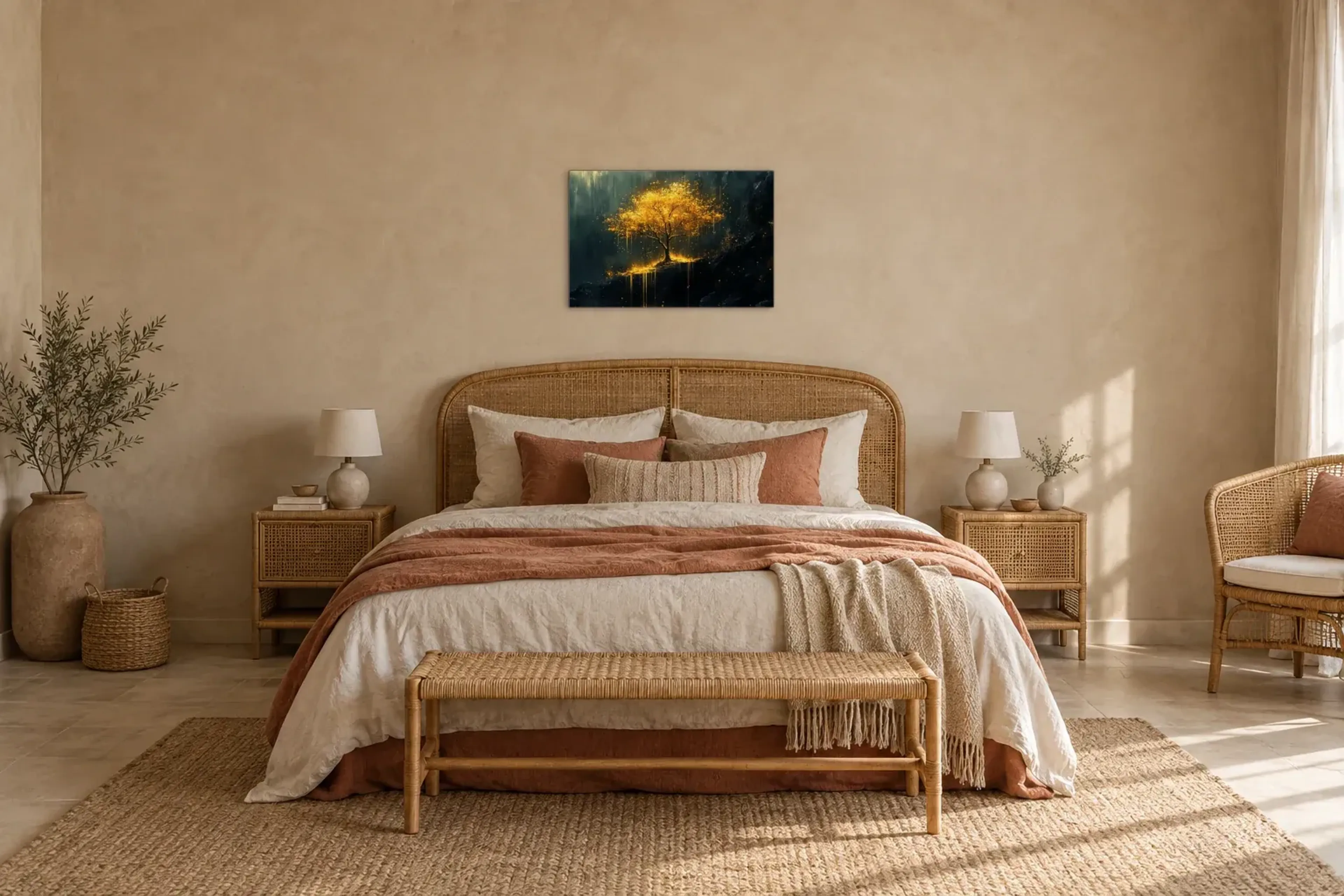 Lichtbaum als Wandbild über einem 180-cm-Bett