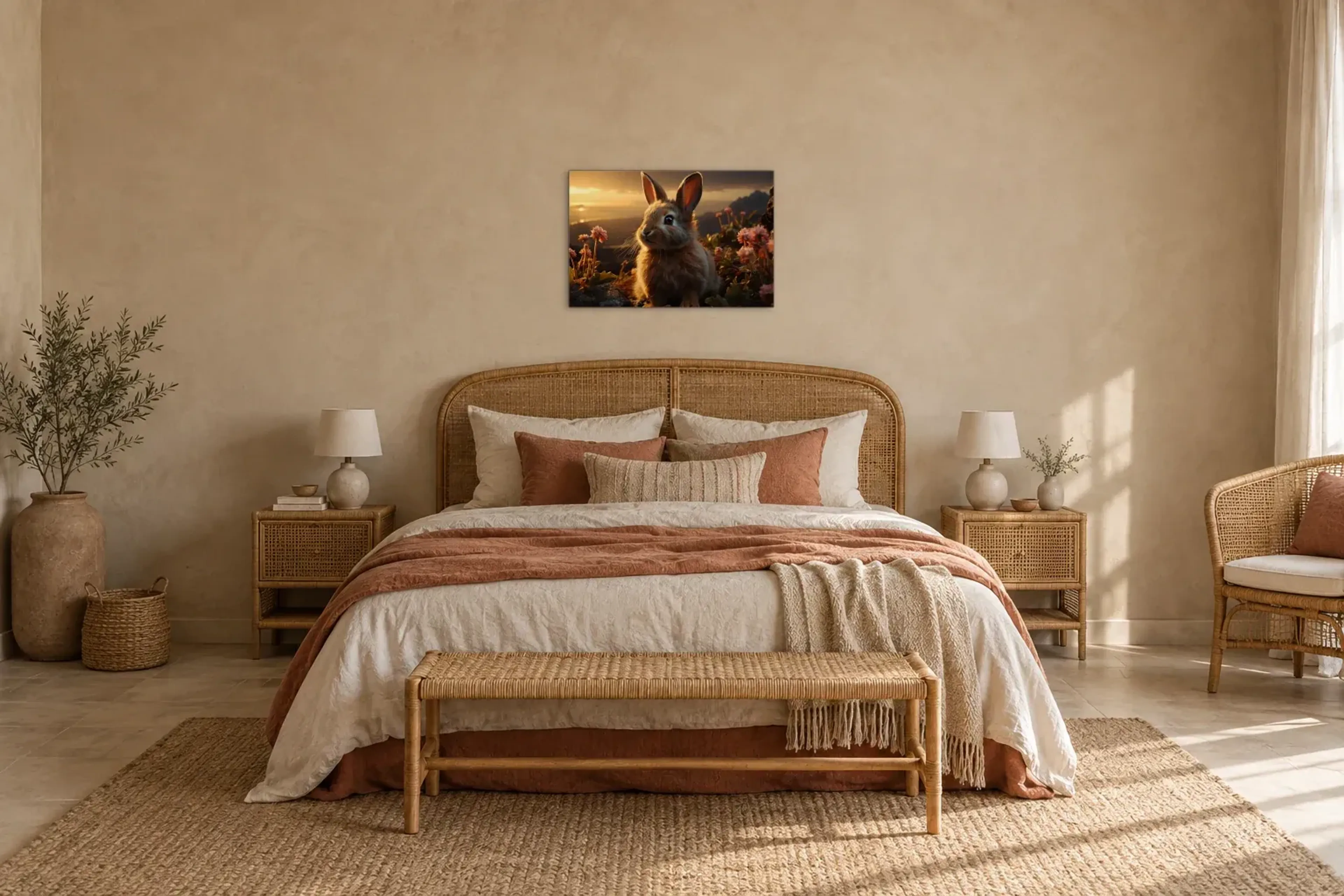 Kaninchen im Abendlicht als Wandbild über einem 180-cm-Bett