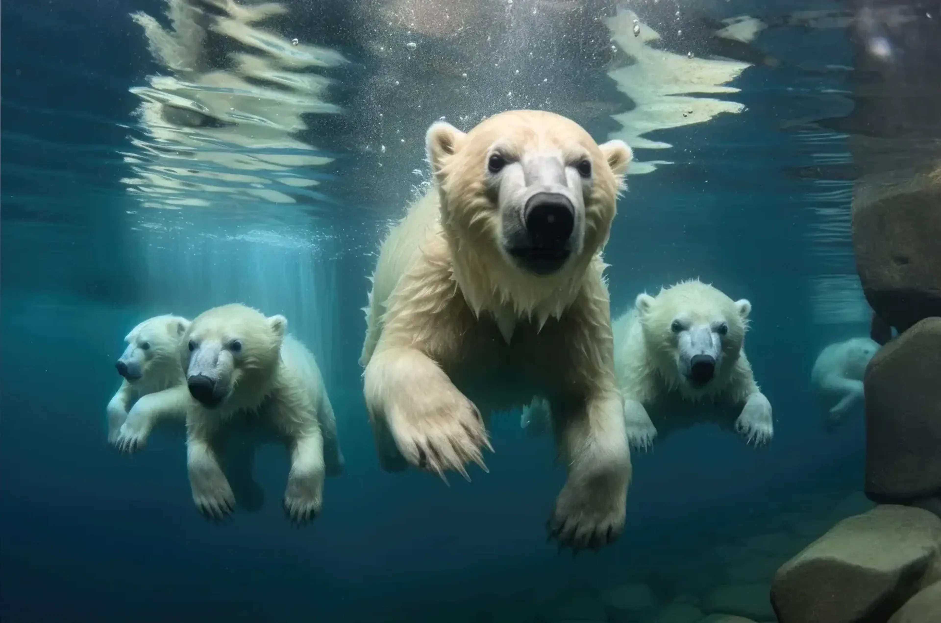 Ein großer Eisbär und mehrere kleinere Eisbären schwimmen unter Wasser auf den Betrachter zu, rechts liegen Felsen.