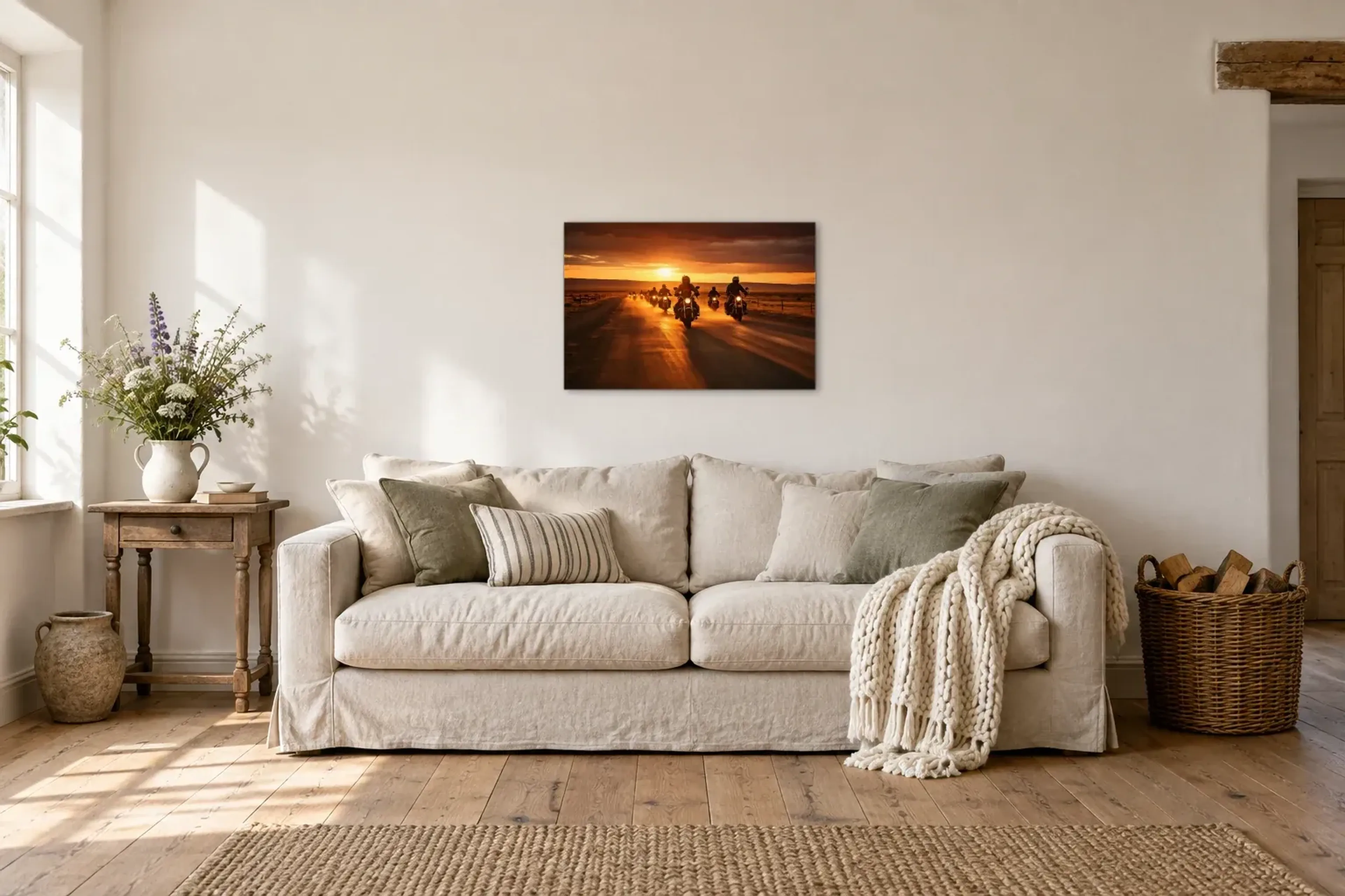 Motorräder im Sonnenuntergang als Wandbild über einem 220-cm-Sofa