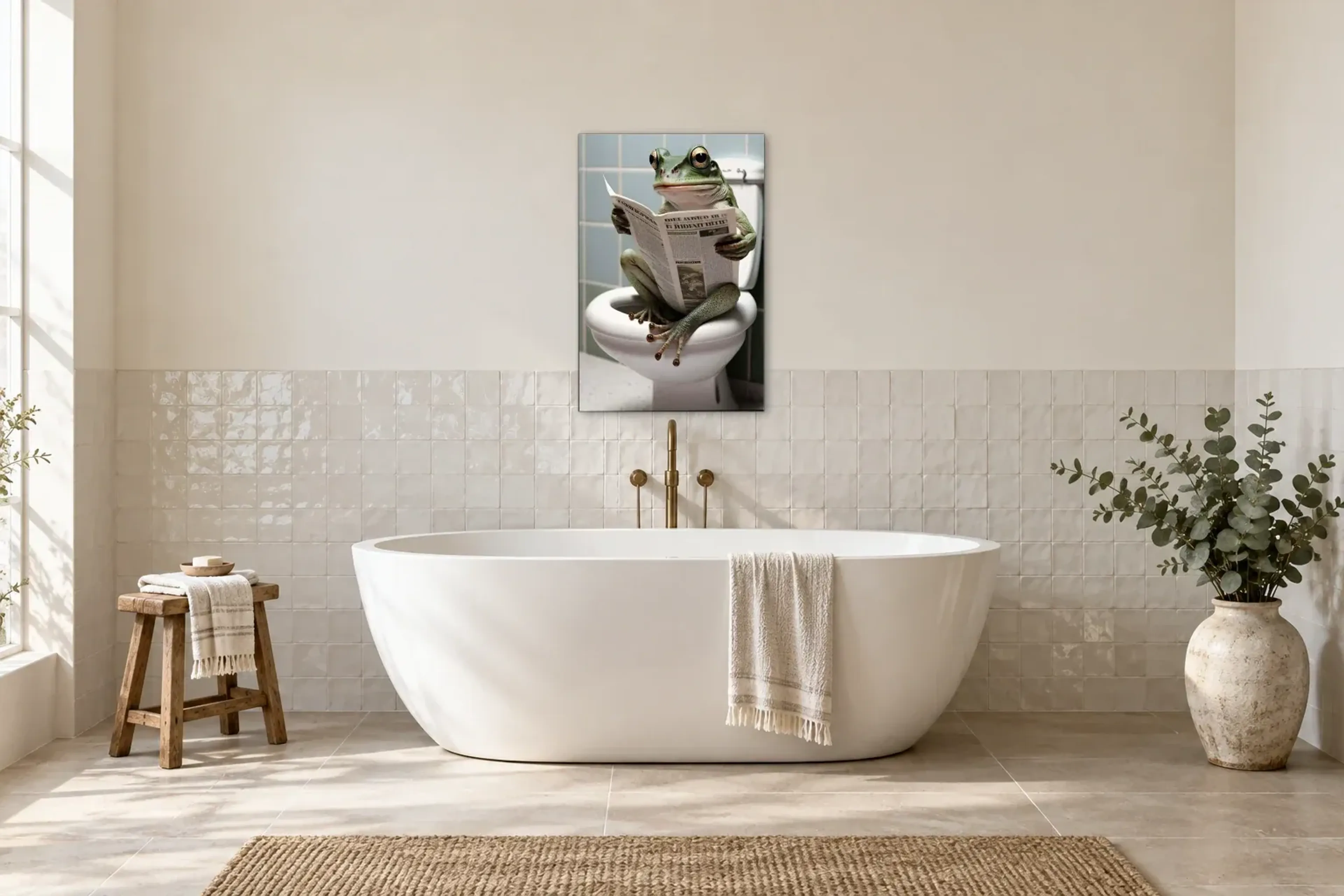 Frosch beim Zeitungslesen als Wandbild über einer 170-cm-Badewanne