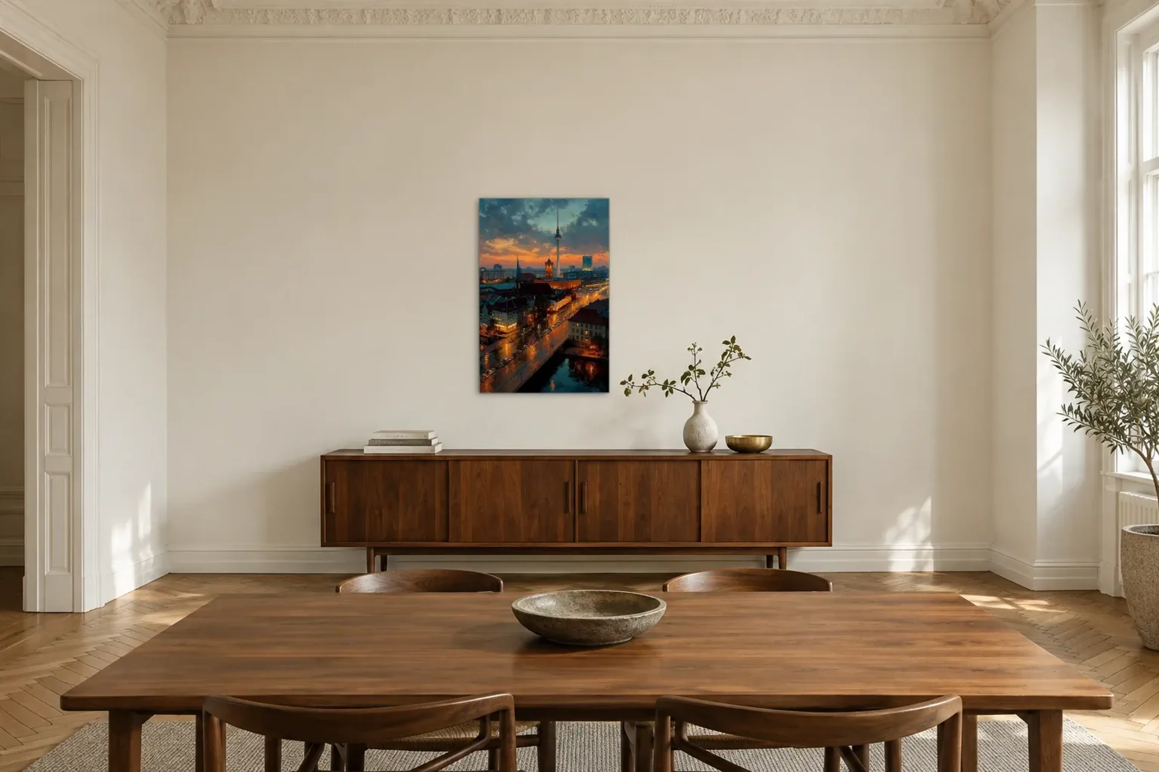 Berlin im Abendglanz als Wandbild über einem 200-cm-Sideboard