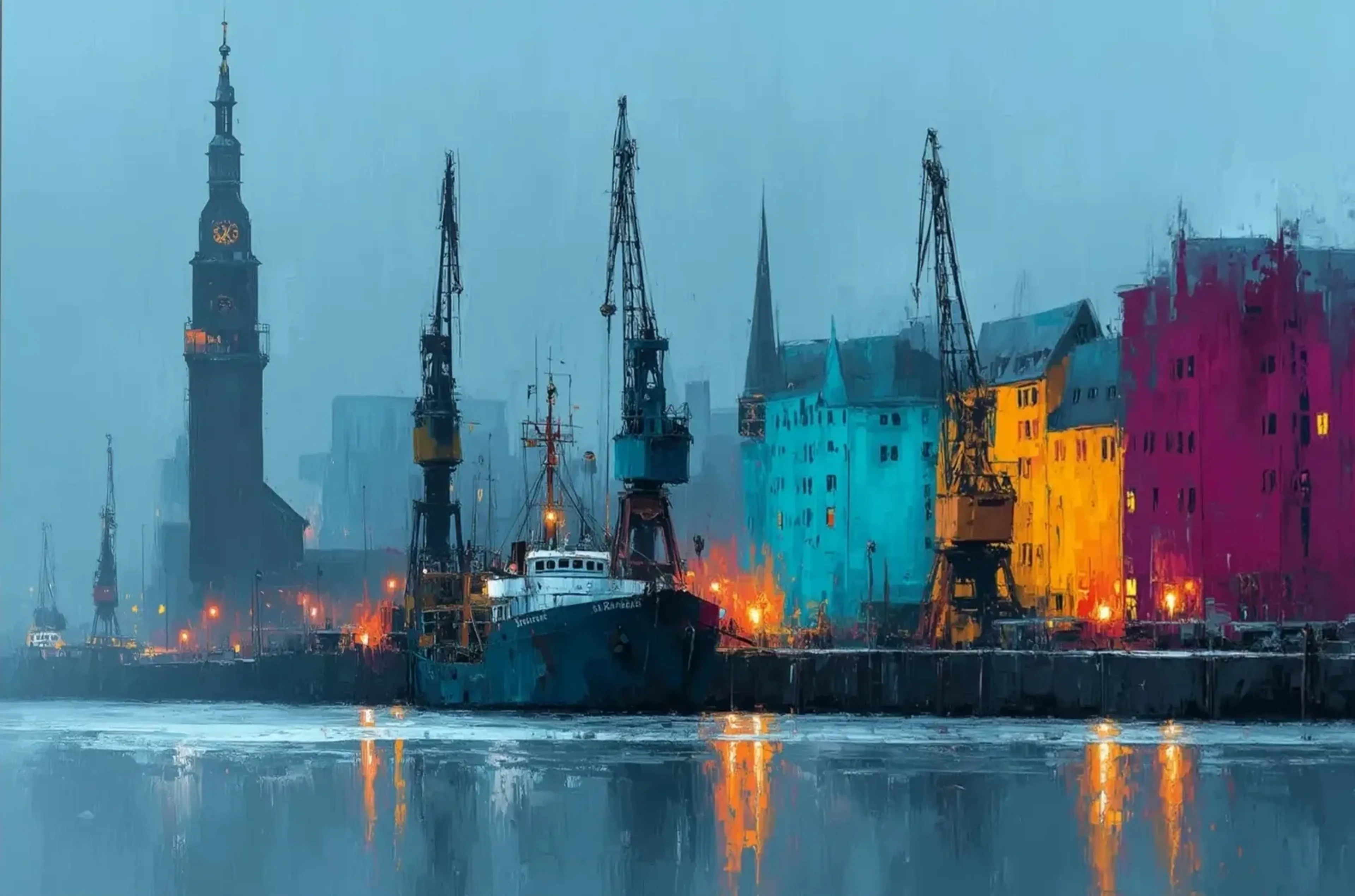 Ein Schiff liegt zwischen Hafenkränen vor bunten Speichern und einem Uhrturm; orange Lichter spiegeln sich im Wasser.