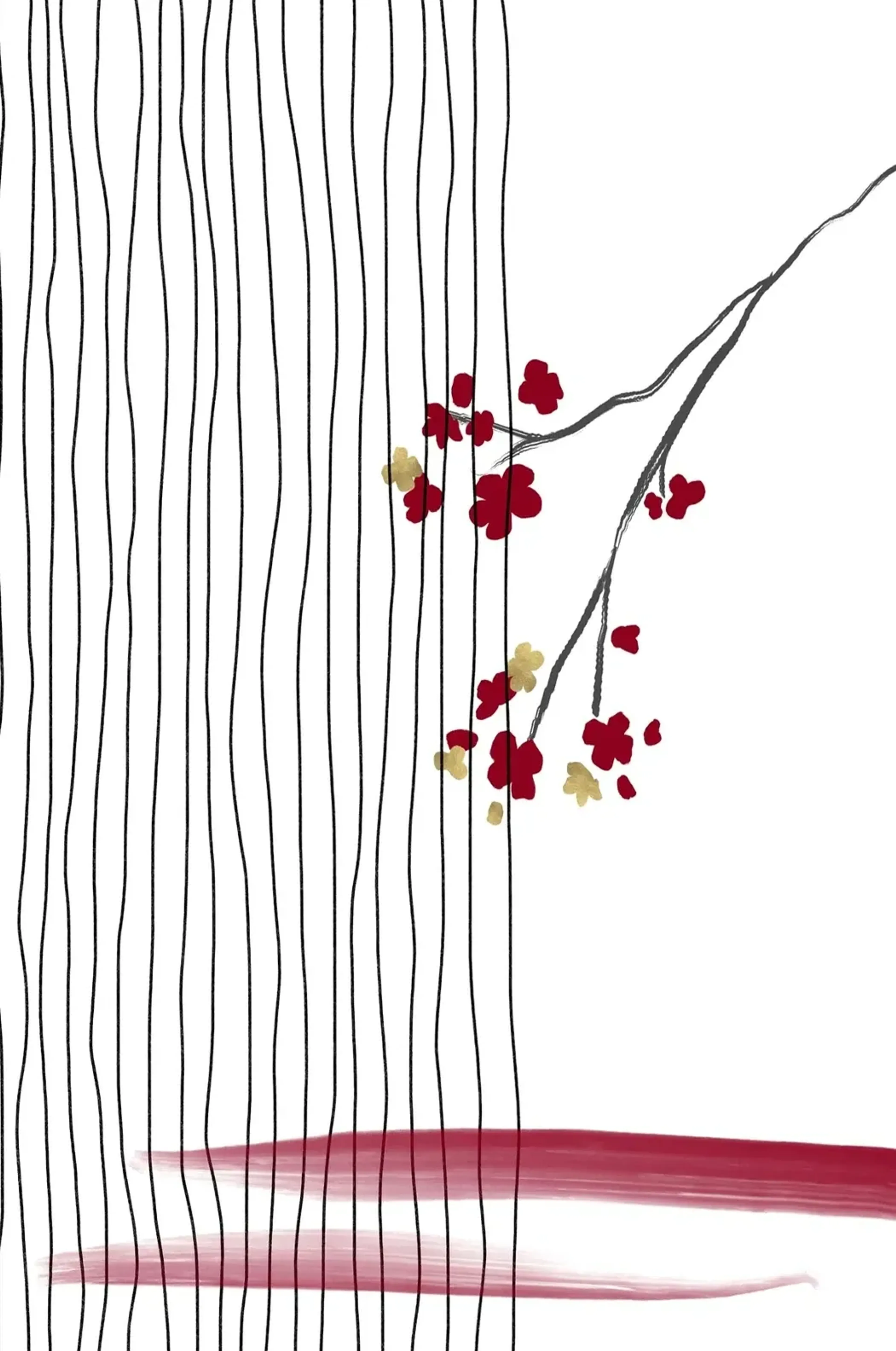 Rote und goldfarbene Blüten an einem Zweig neben senkrechten schwarzen Linien und zwei roten Querstrichen.