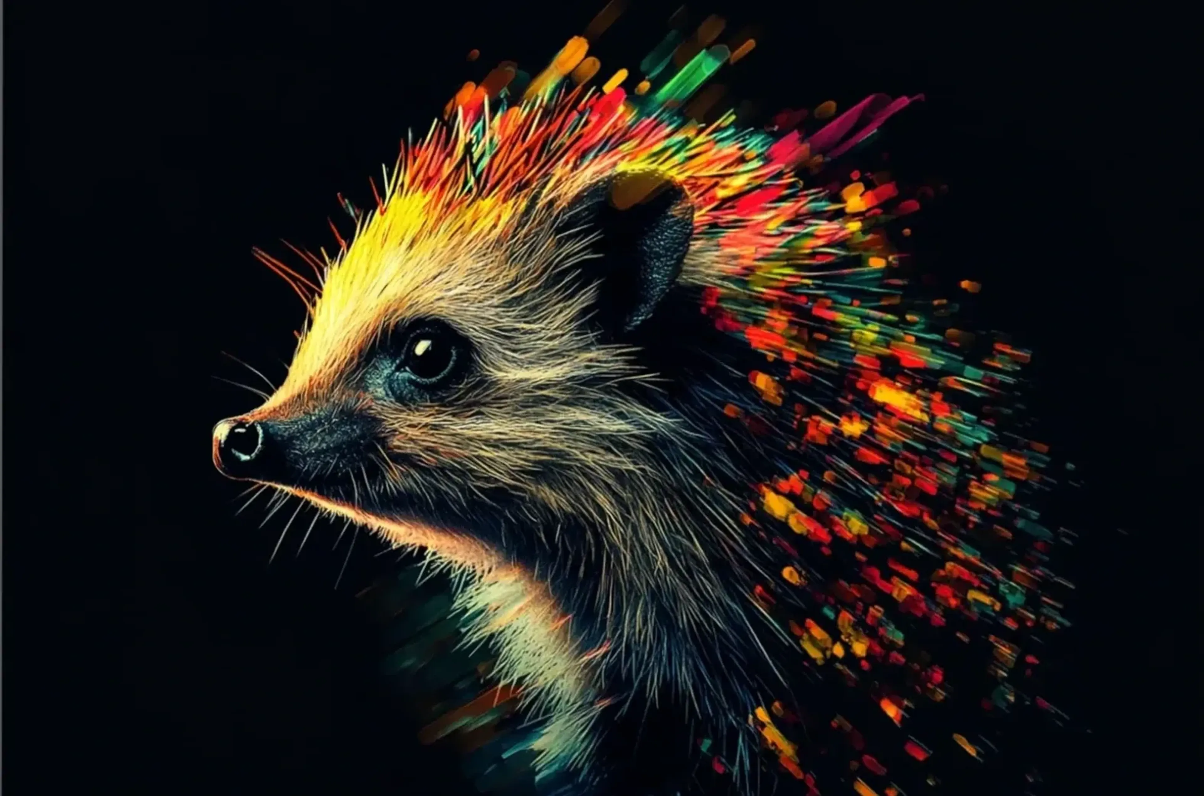 Igel im seitlichen Porträt mit heller Schnauze und gelb, orange, rot und grün leuchtenden Stacheln auf Schwarz.