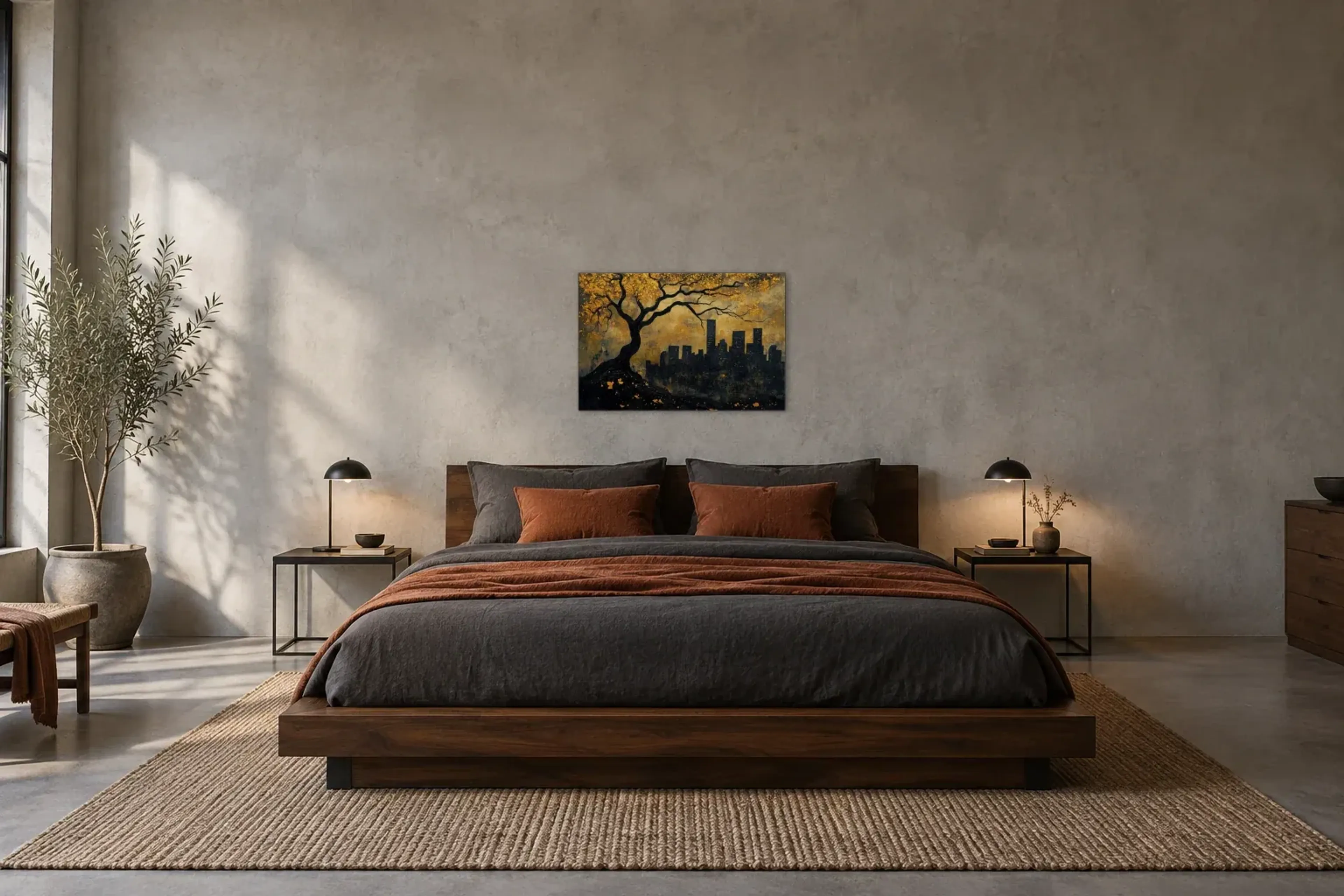 Lebensbaum City als Wandbild über einem 180-cm-Bett