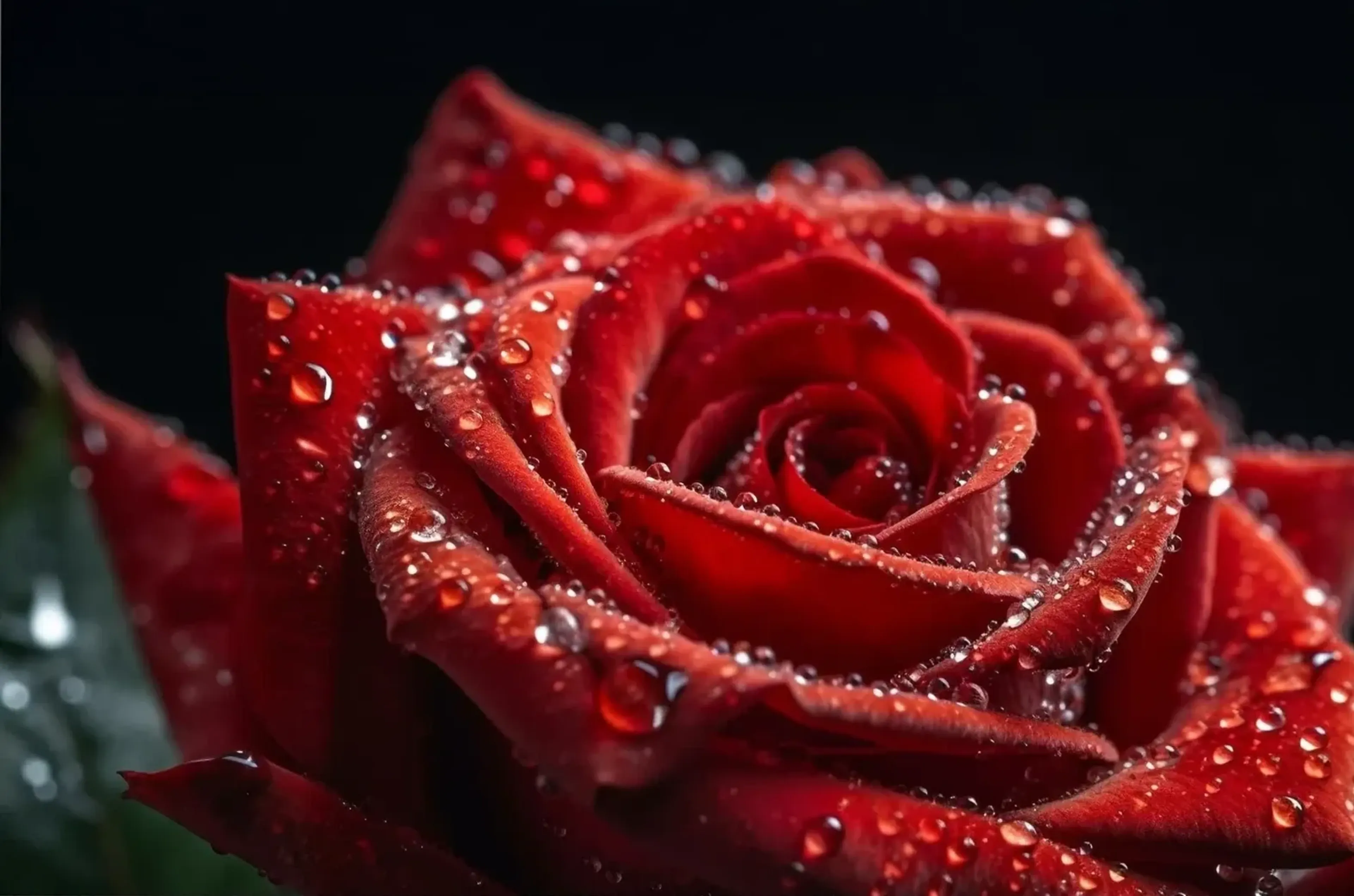 Rote Rose in Nahaufnahme mit zahlreichen Wassertropfen auf den Blütenblättern vor fast schwarzem Hintergrund.