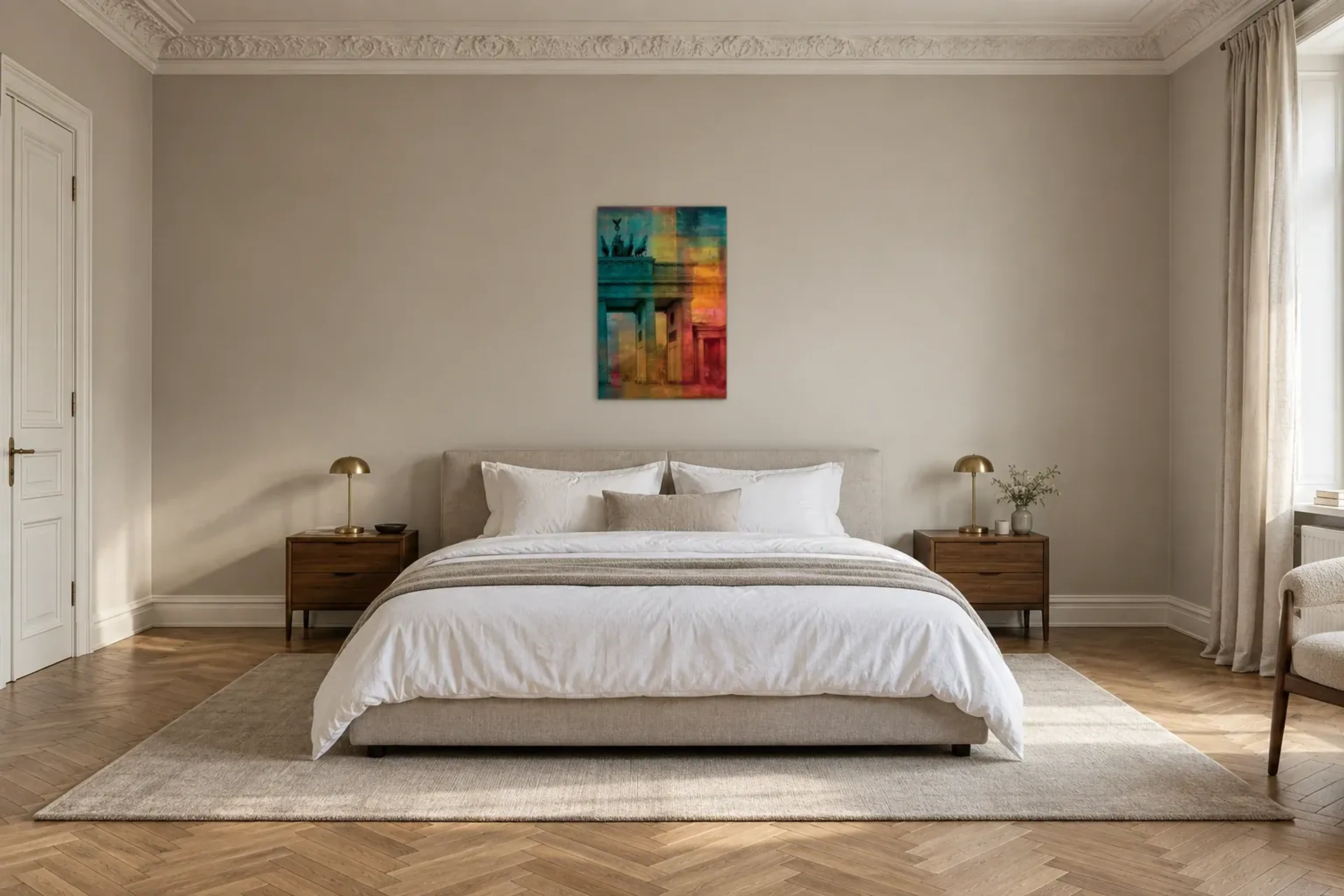 Brandenburger Tor im Farbenspiel als Wandbild über einem 180-cm-Bett