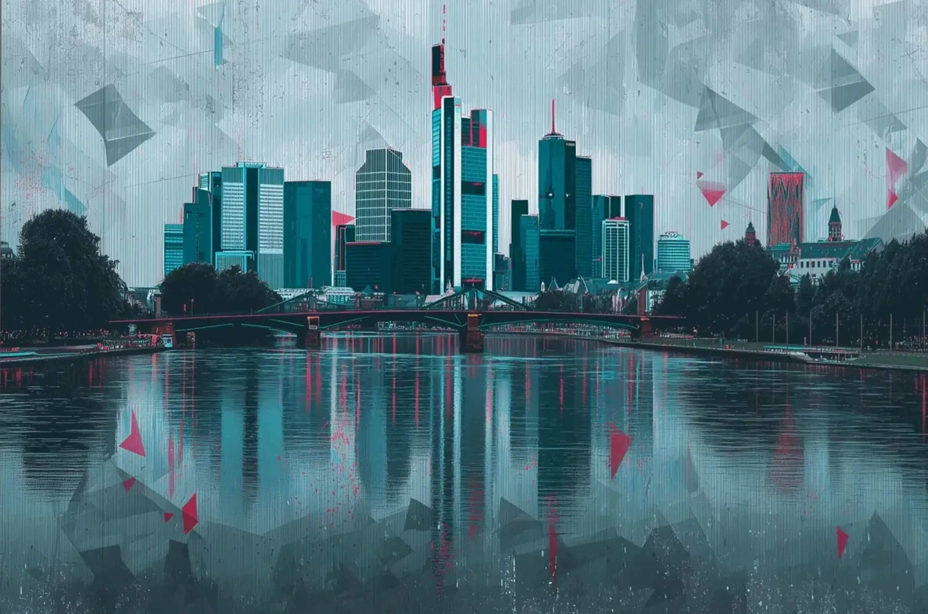 Frankfurter Skyline und Brücke in Petrol und Grau mit rosa Akzenten und Spiegelungen im Wasser.