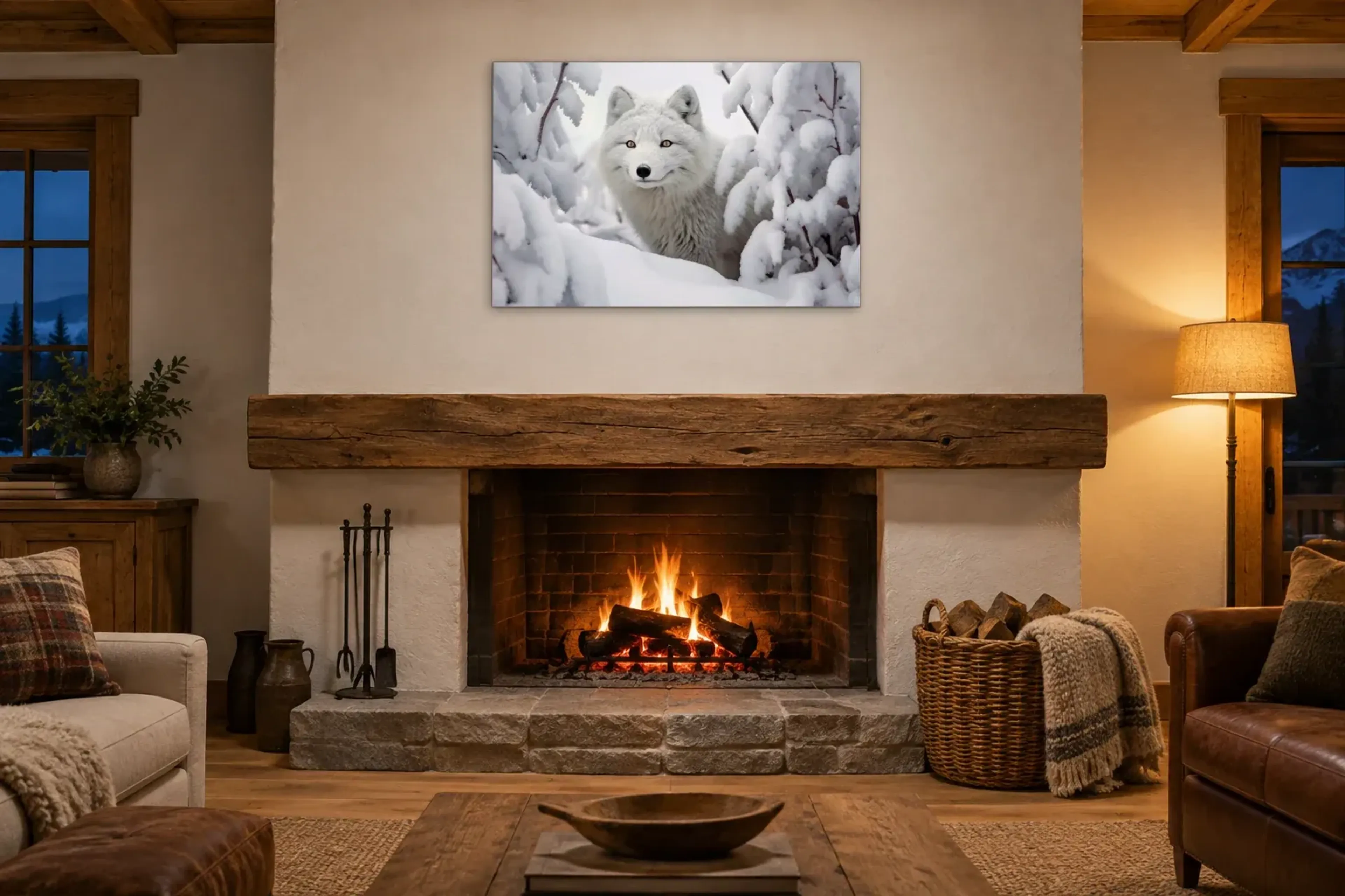 Weißer Wolf im Schnee als Wandbild über einem 180-cm-Kaminsims