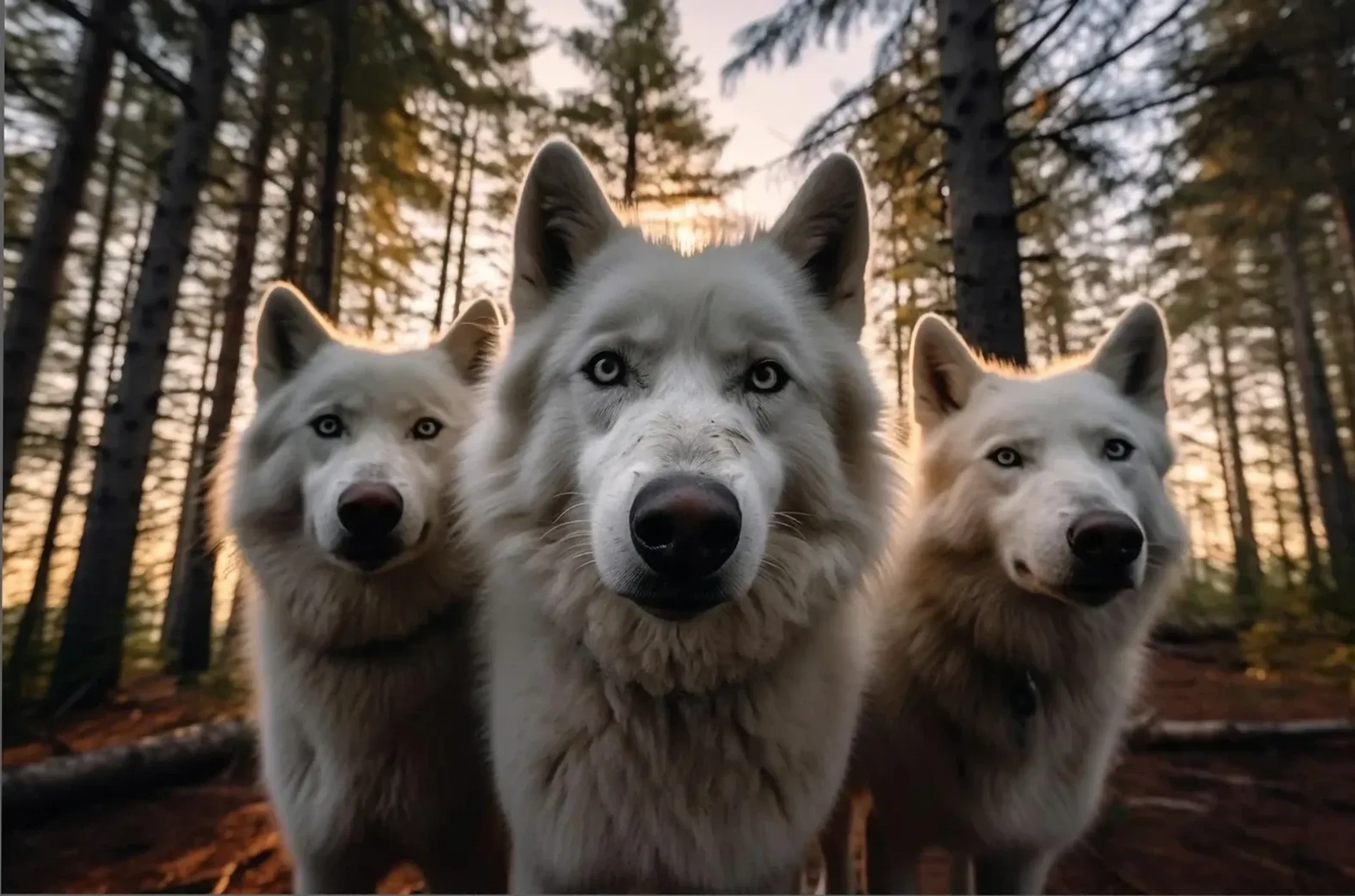 Drei weiße Wölfe stehen dicht beieinander im Wald, warmes Sonnenlicht scheint zwischen den Bäumen hindurch.