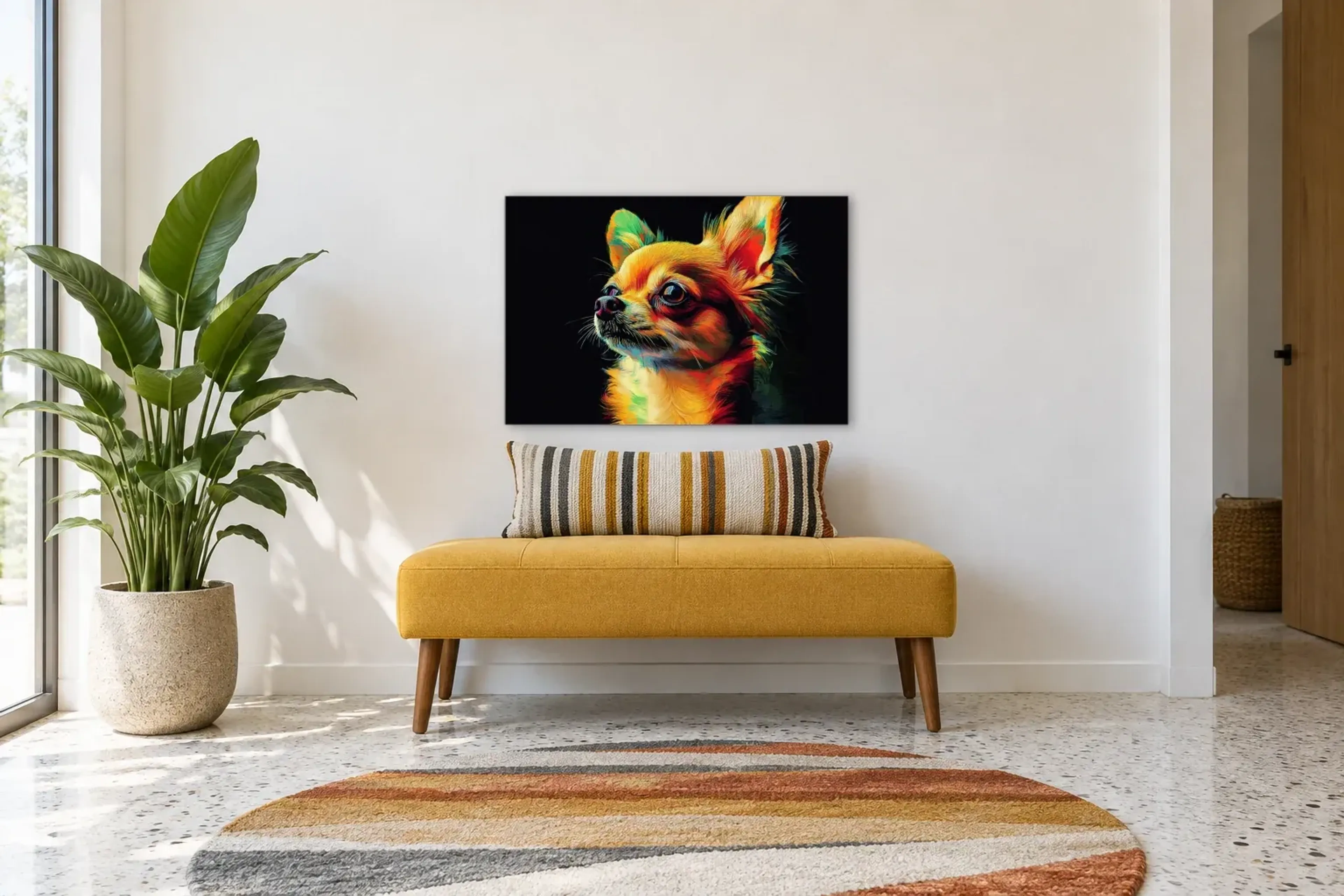 Langhaar Chihuahua als Wandbild über einer 120-cm-Bank