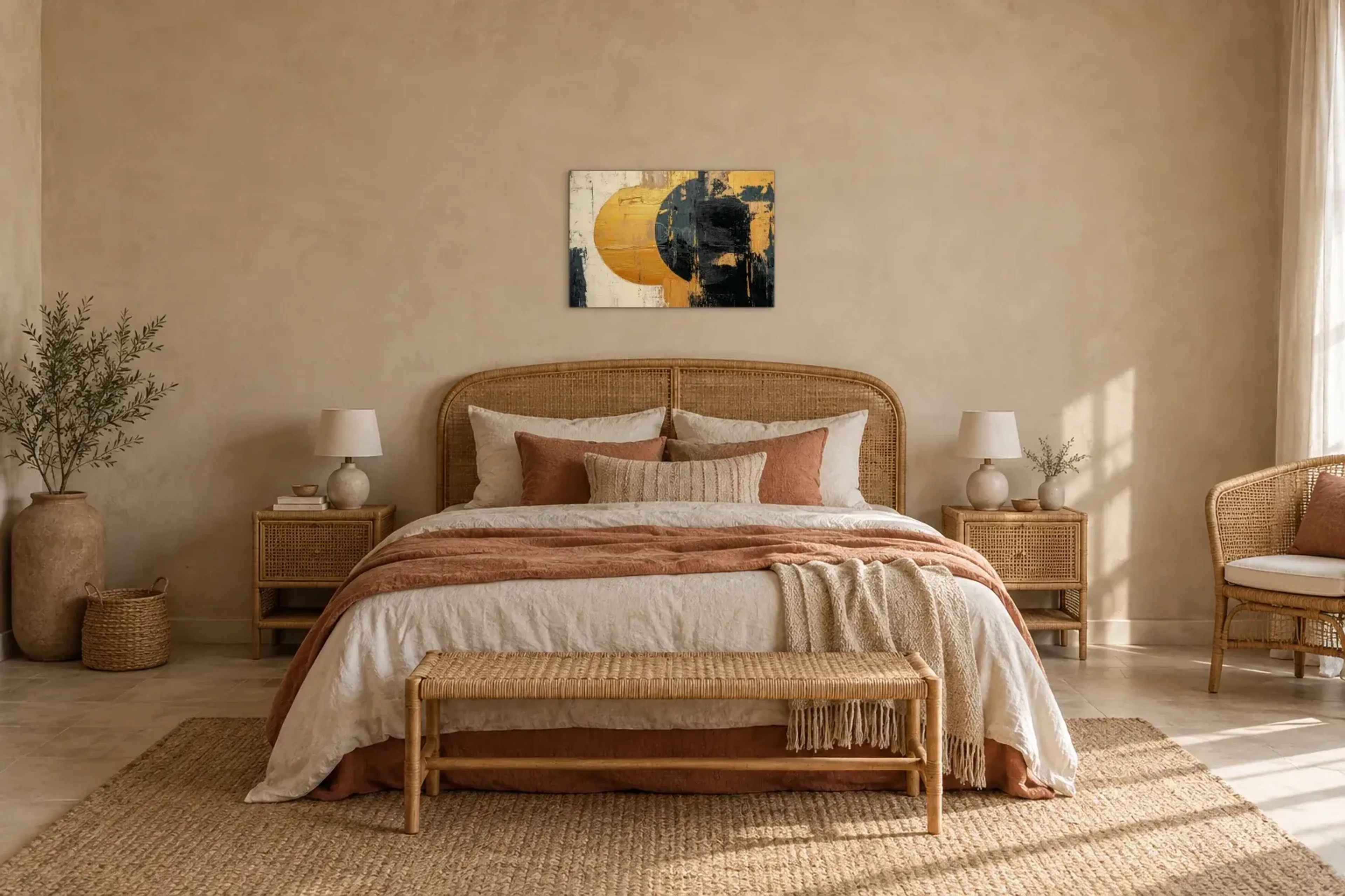 Versetzte Kreise als Wandbild über einem 180-cm-Bett