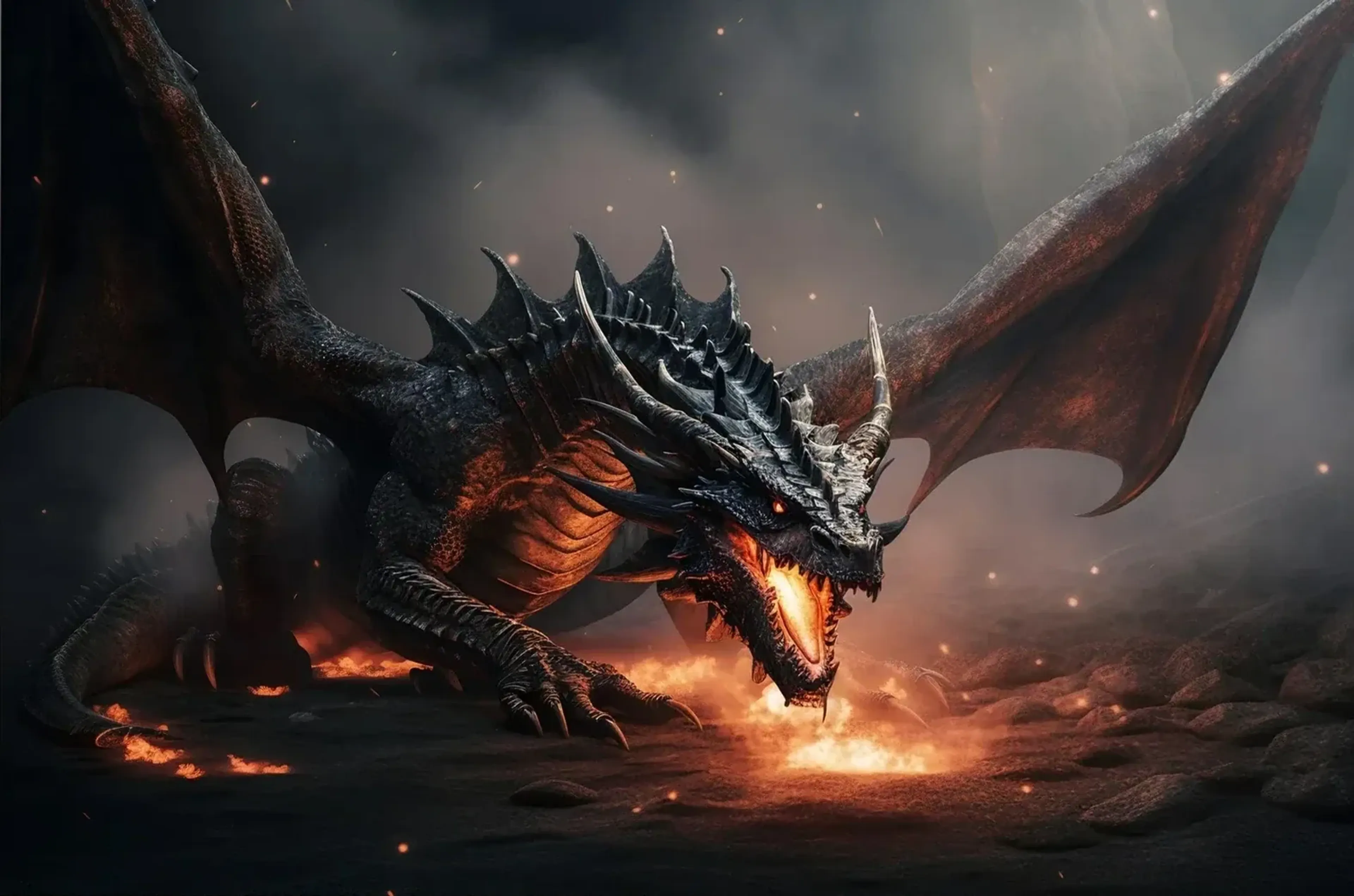 Ein schwarzer Drache mit ausgebreiteten Flügeln speit Feuer auf den felsigen Boden, umgeben von Rauch und Funken.