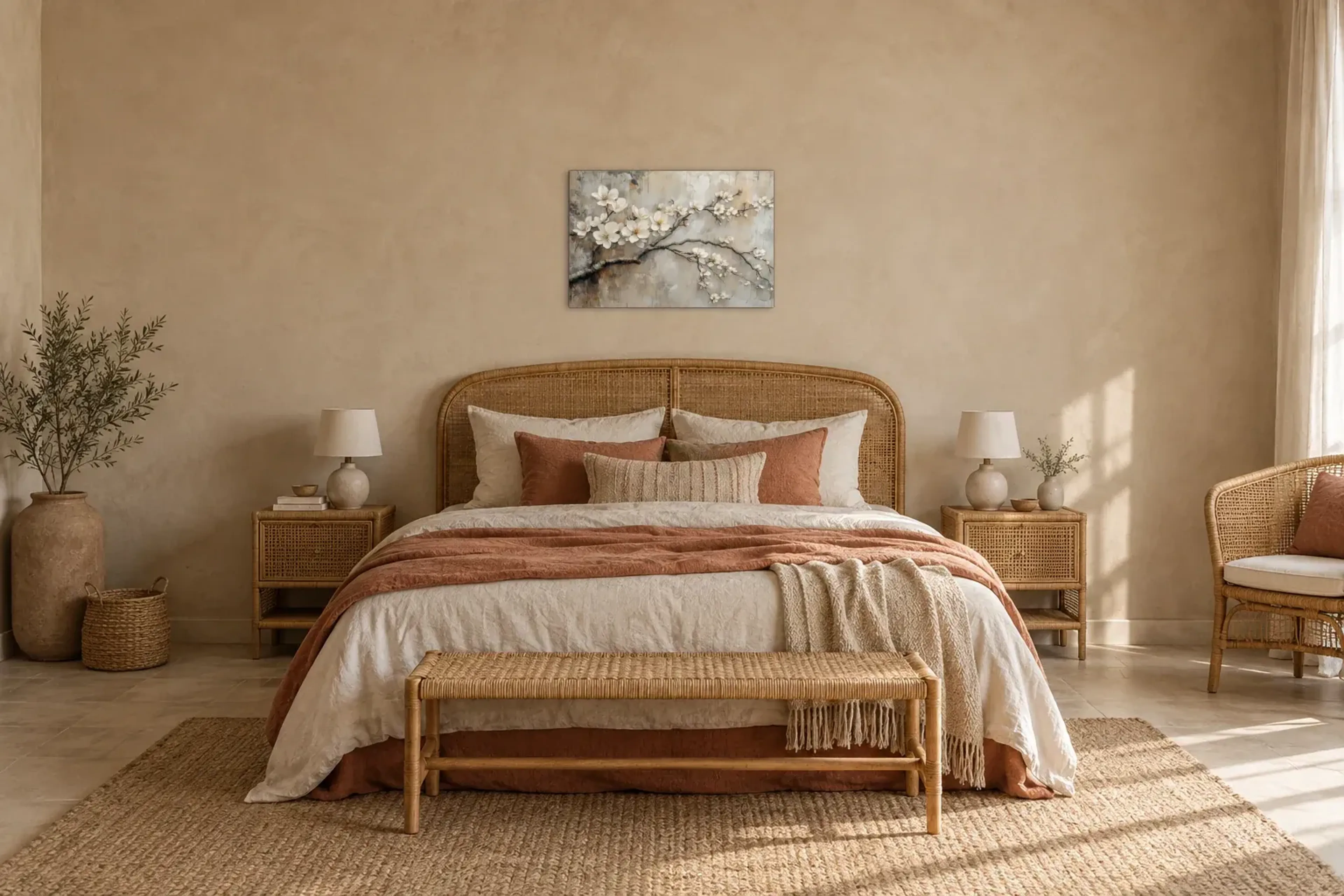 Mandelzweig als Wandbild über einem 180-cm-Bett