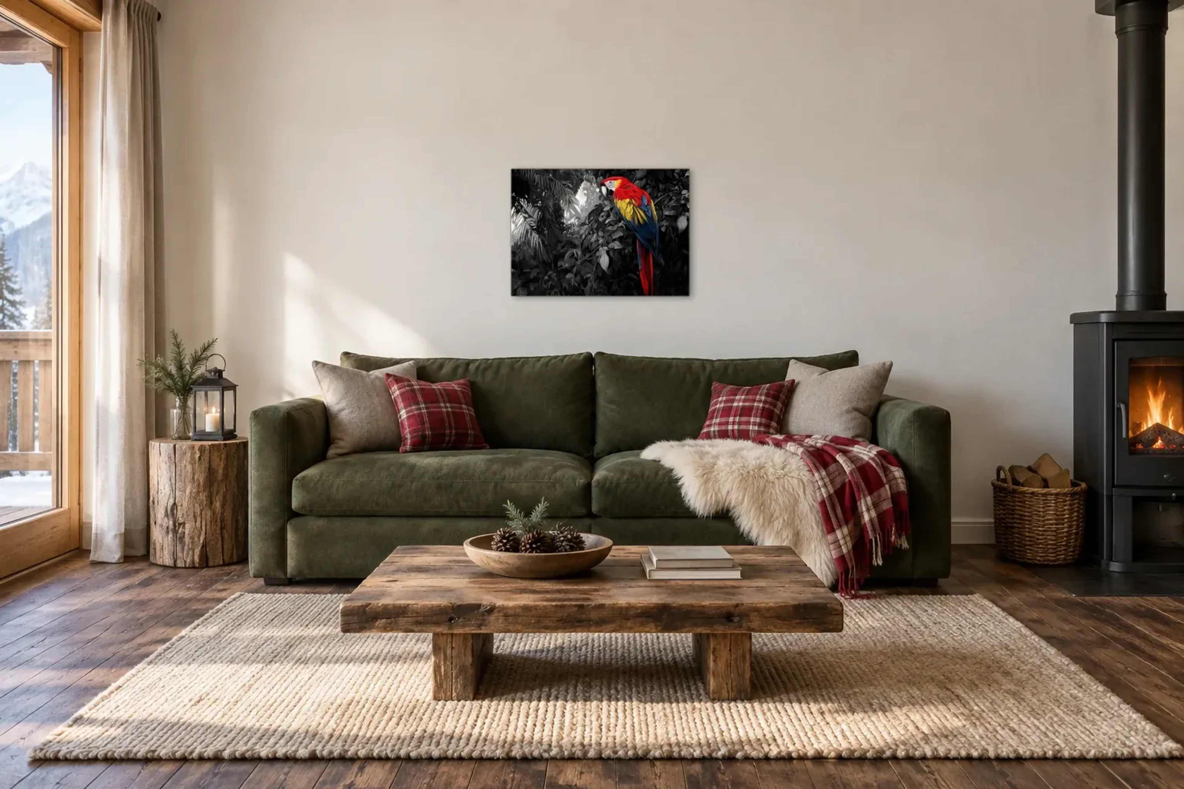 Papagei im Blätterwald als Wandbild über einem 220-cm-Sofa
