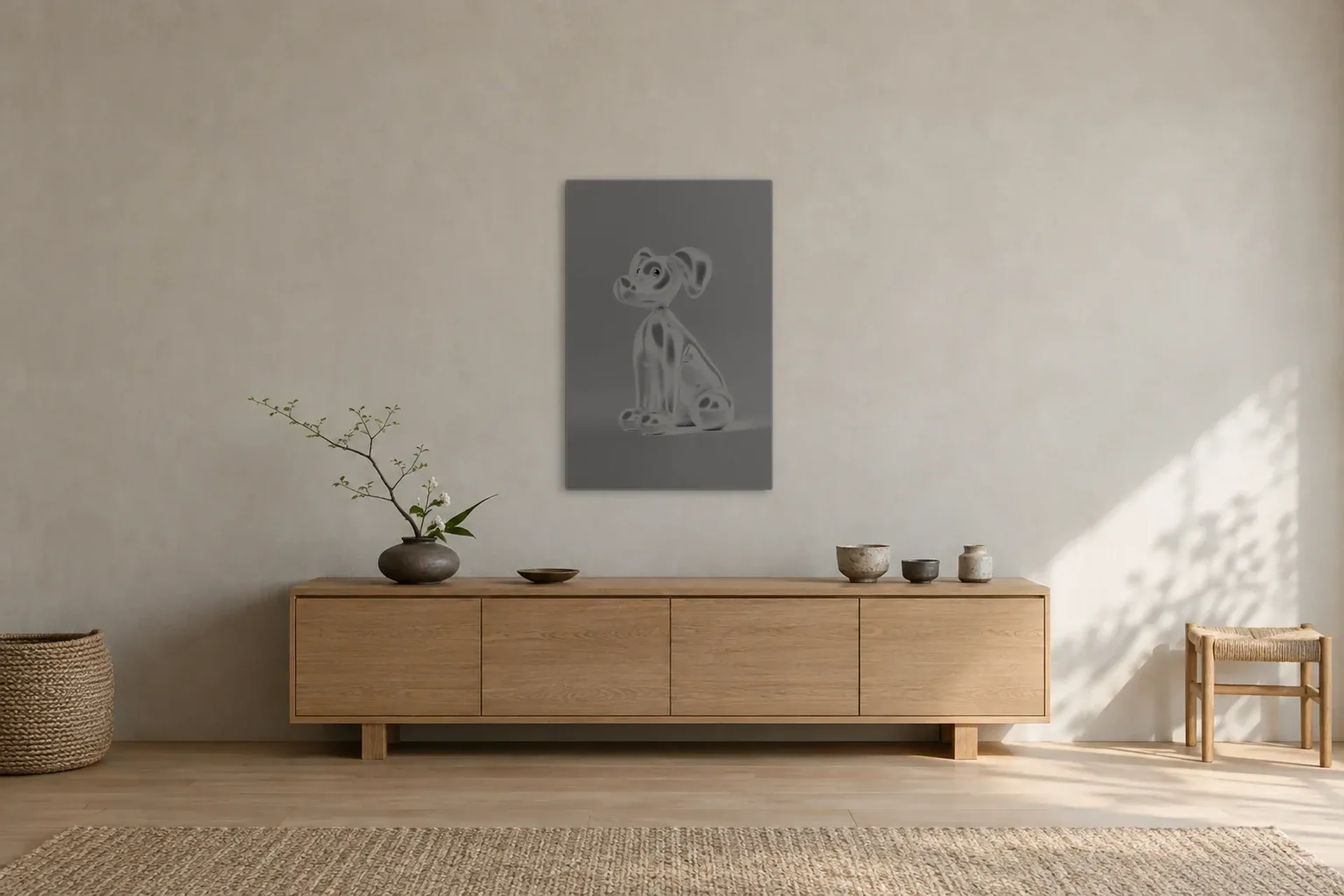 Grauer Ballonhund als Wandbild über einem 180-cm-Sideboard
