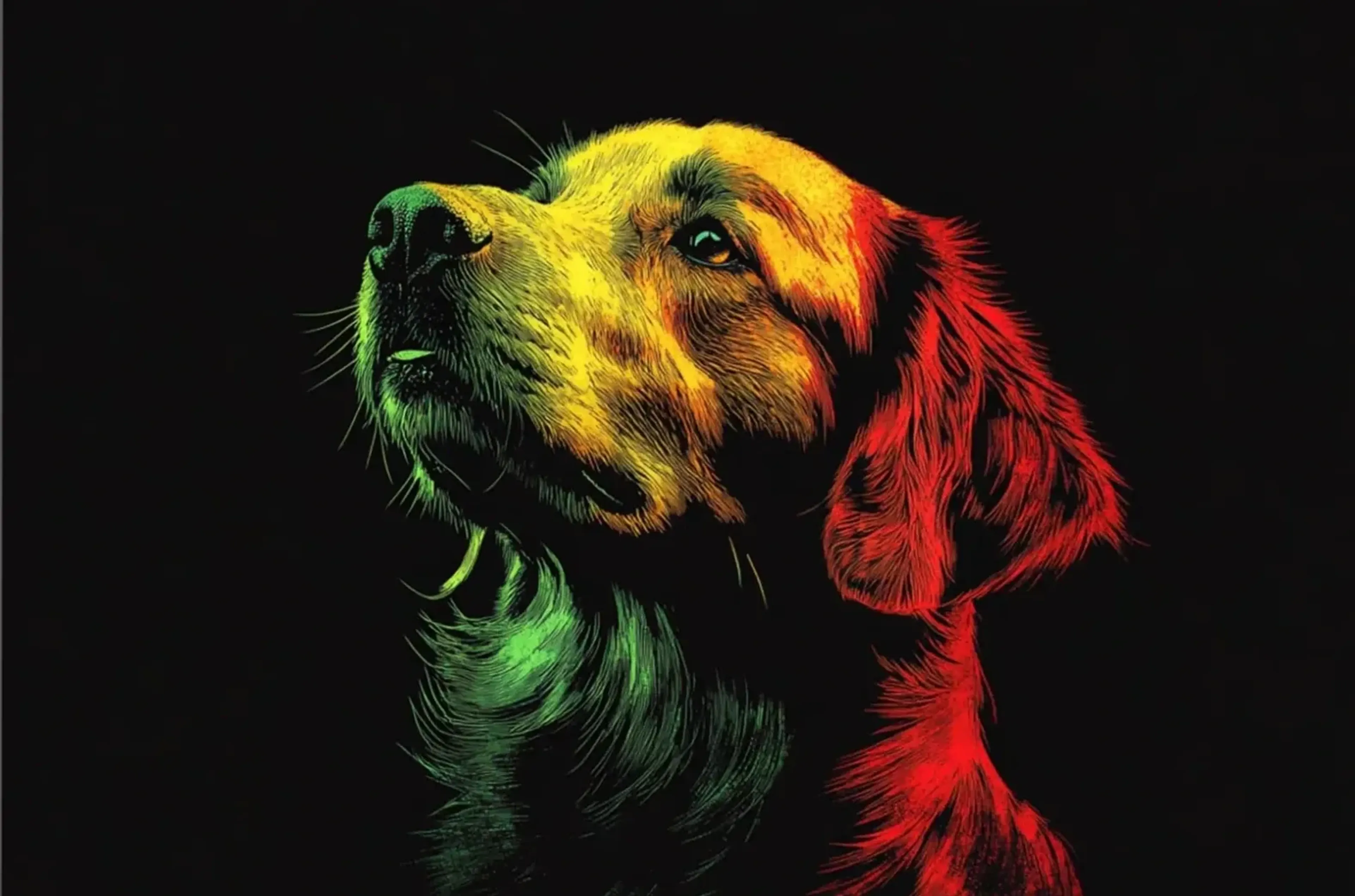 Golden Retriever blickt nach links oben, mit gelber Stirn, rotem Ohr und grünen Halsakzenten vor schwarzem Grund.