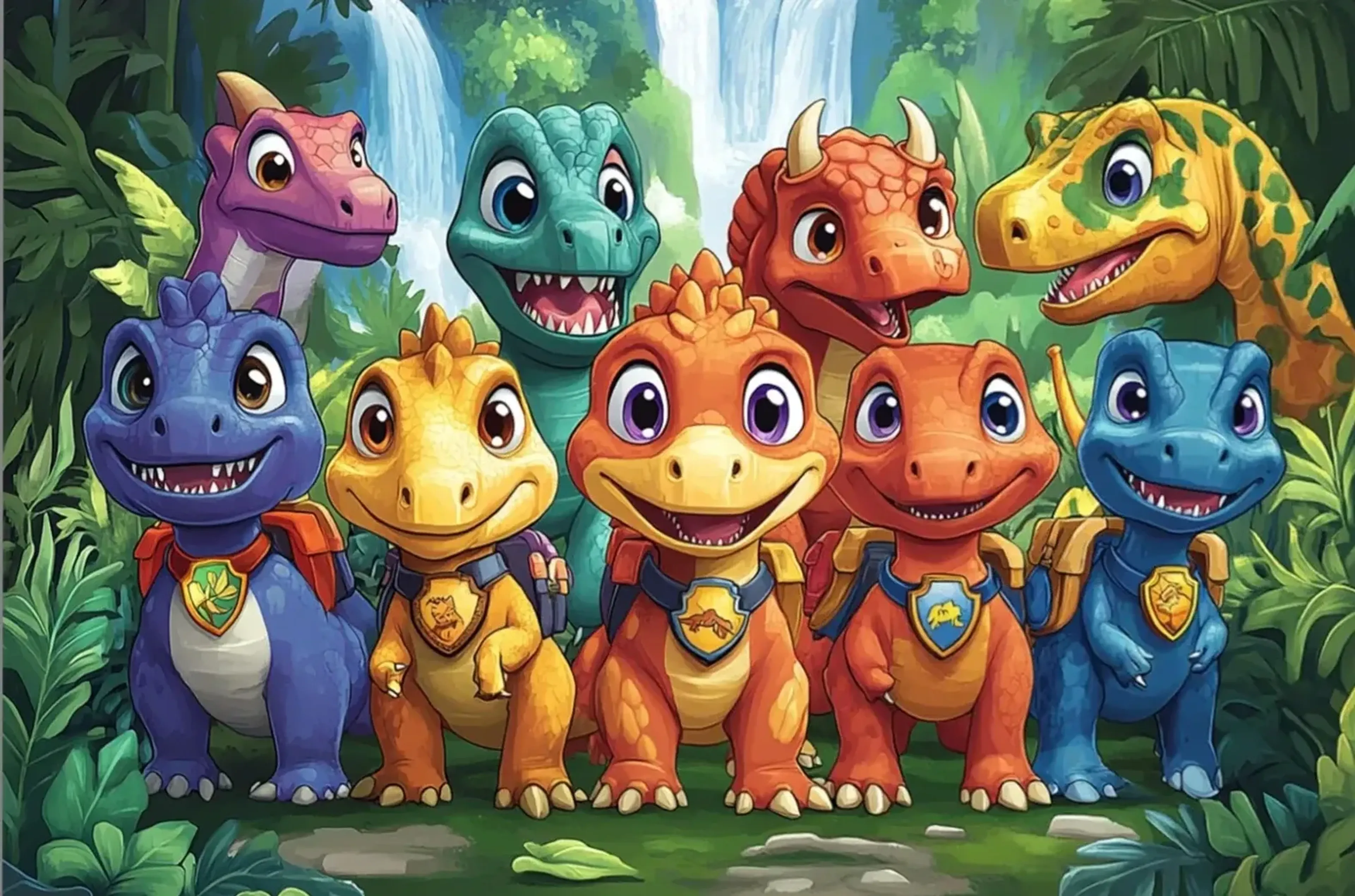 Bunte, grinsende Dinosaurier, teils mit Rucksäcken und Abzeichen, stehen im Dschungel vor Wasserfällen.