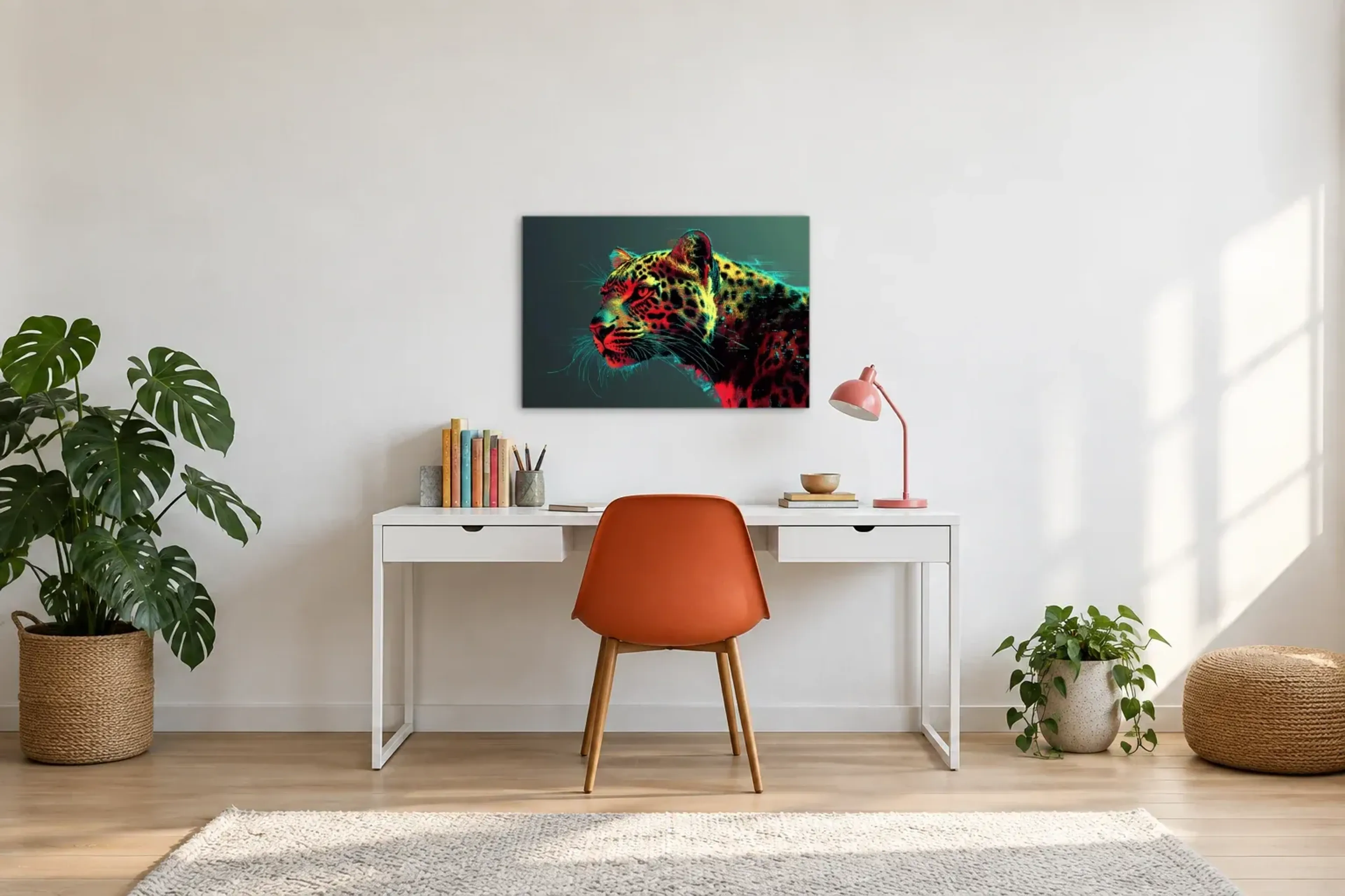 Leopard in Rot und Türkis als Wandbild über einem 140-cm-Schreibtisch