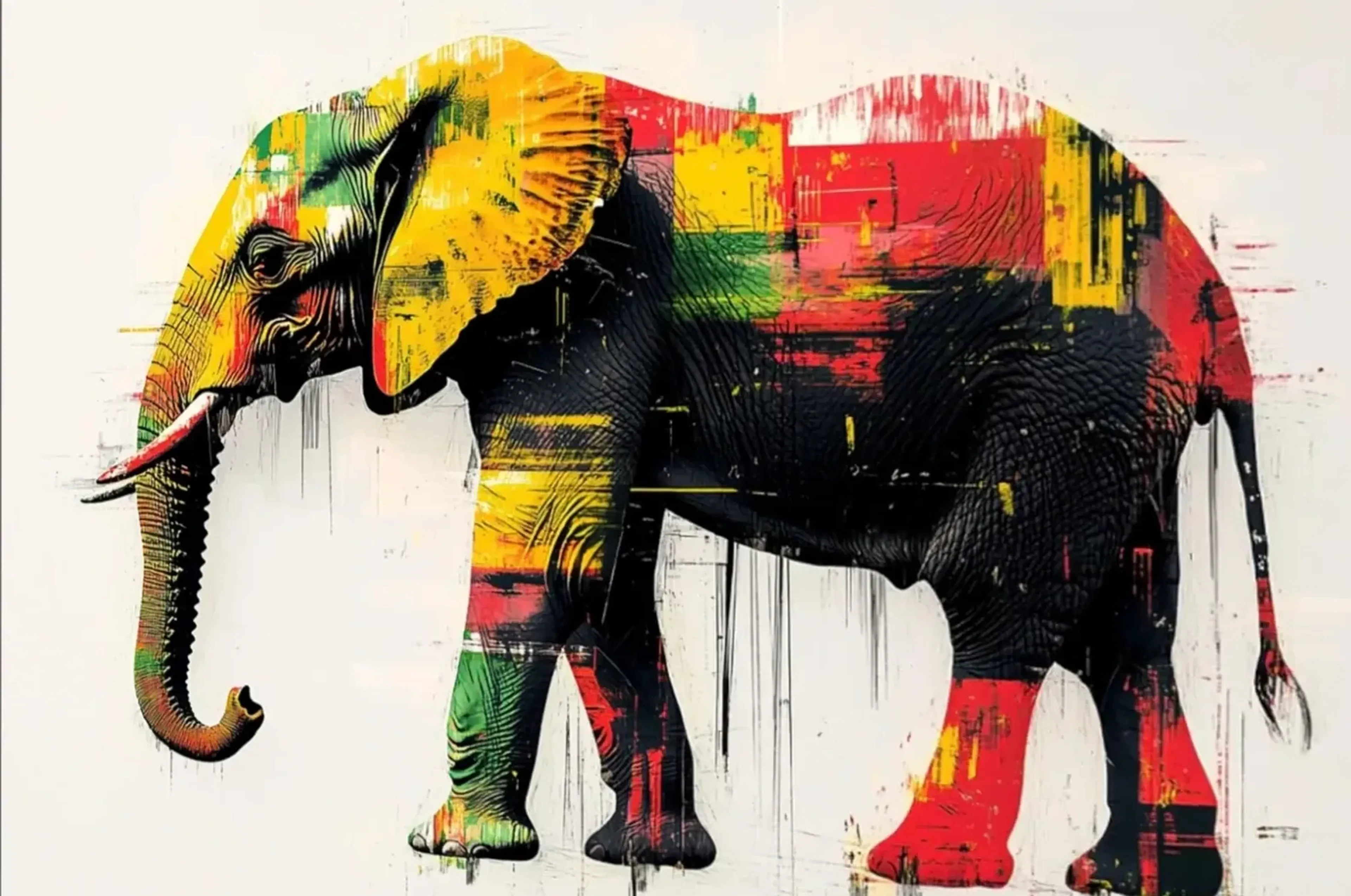Elefant mit Farbstreifen – Motiv als Wandbild auf Holz