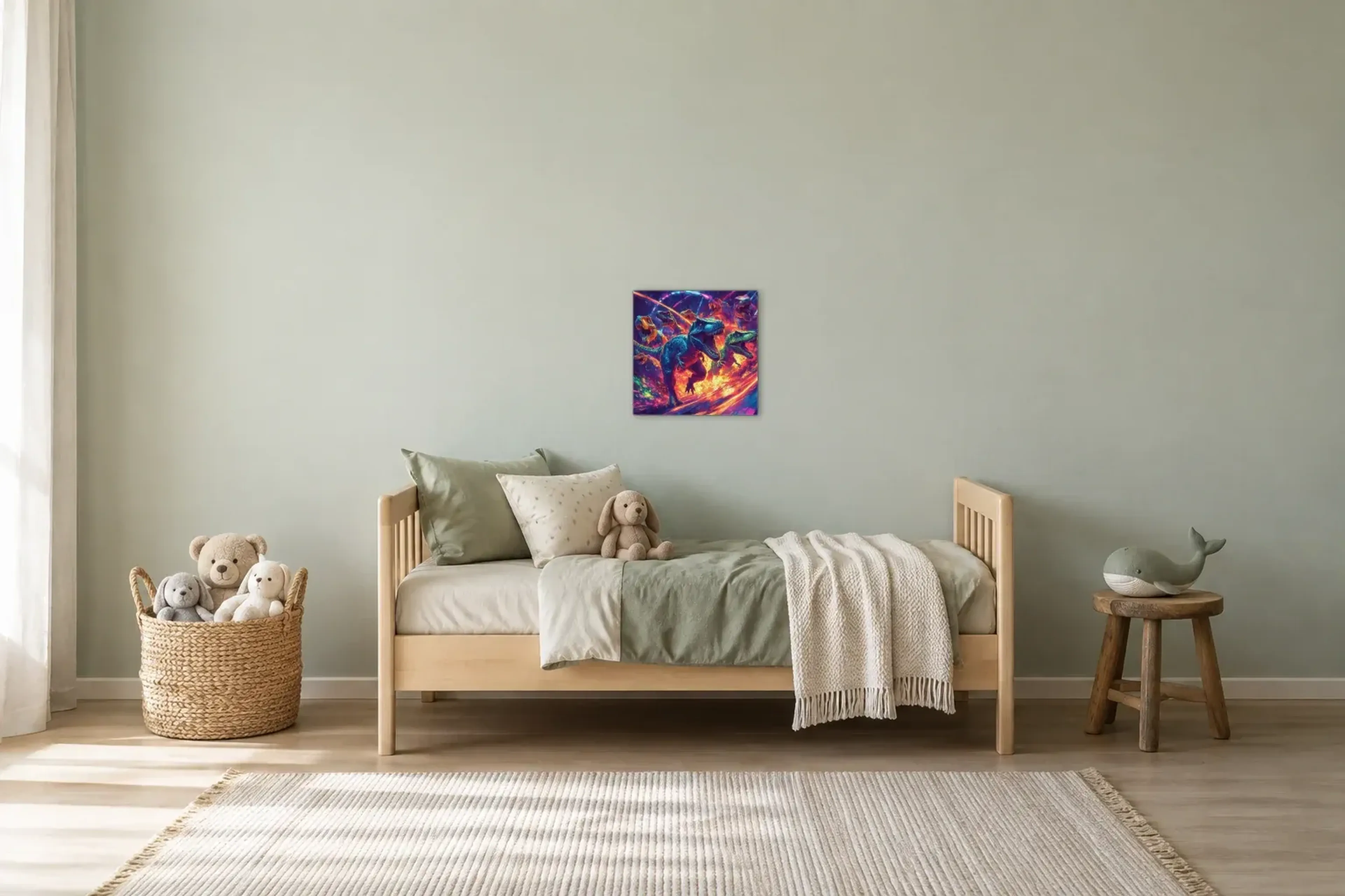 Dinosaurier im Neonwirbel als Wandbild über einem 200-cm-Kinderbett