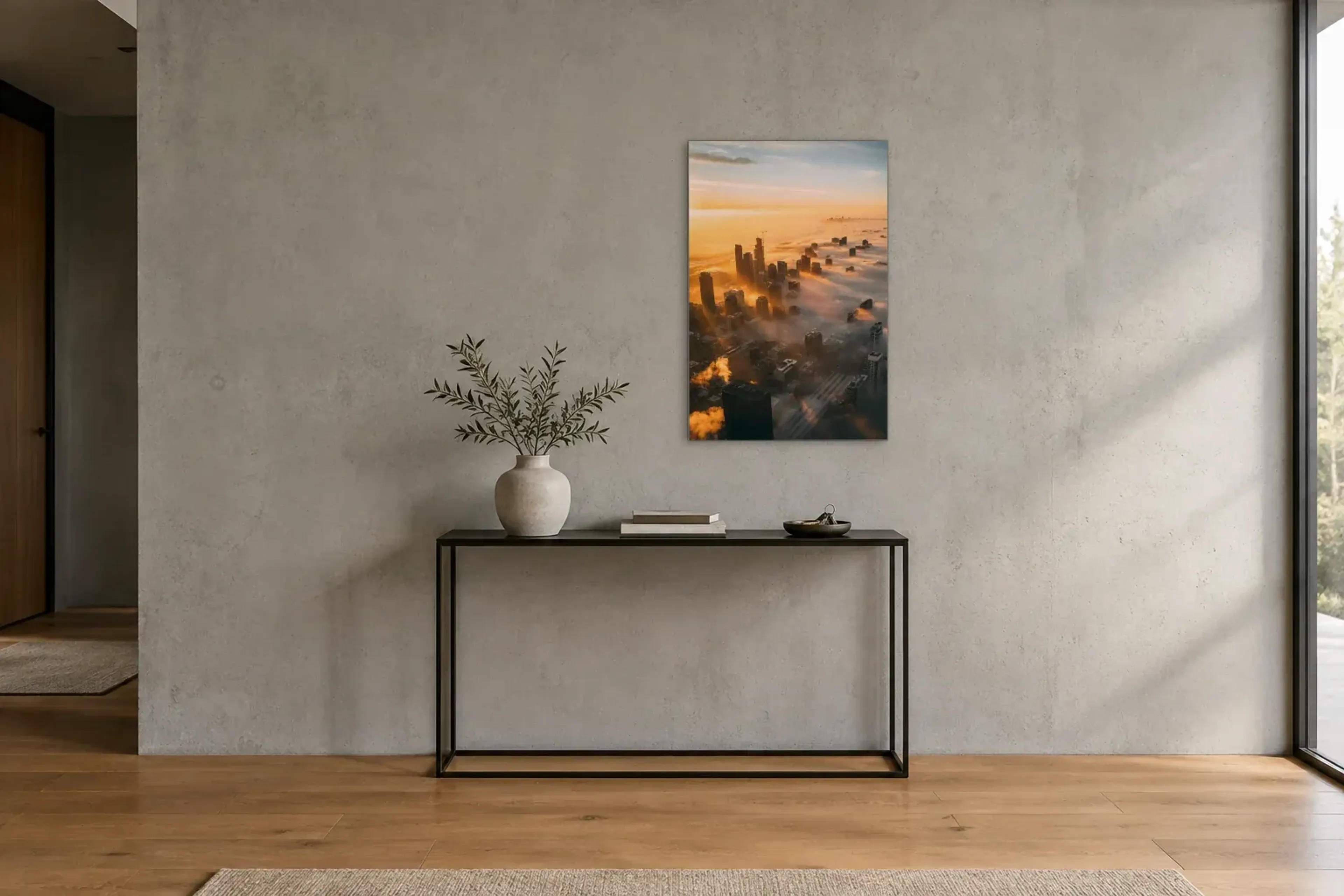 Hochhäuser im goldenen Nebel als Wandbild über einer 120-cm-Konsole