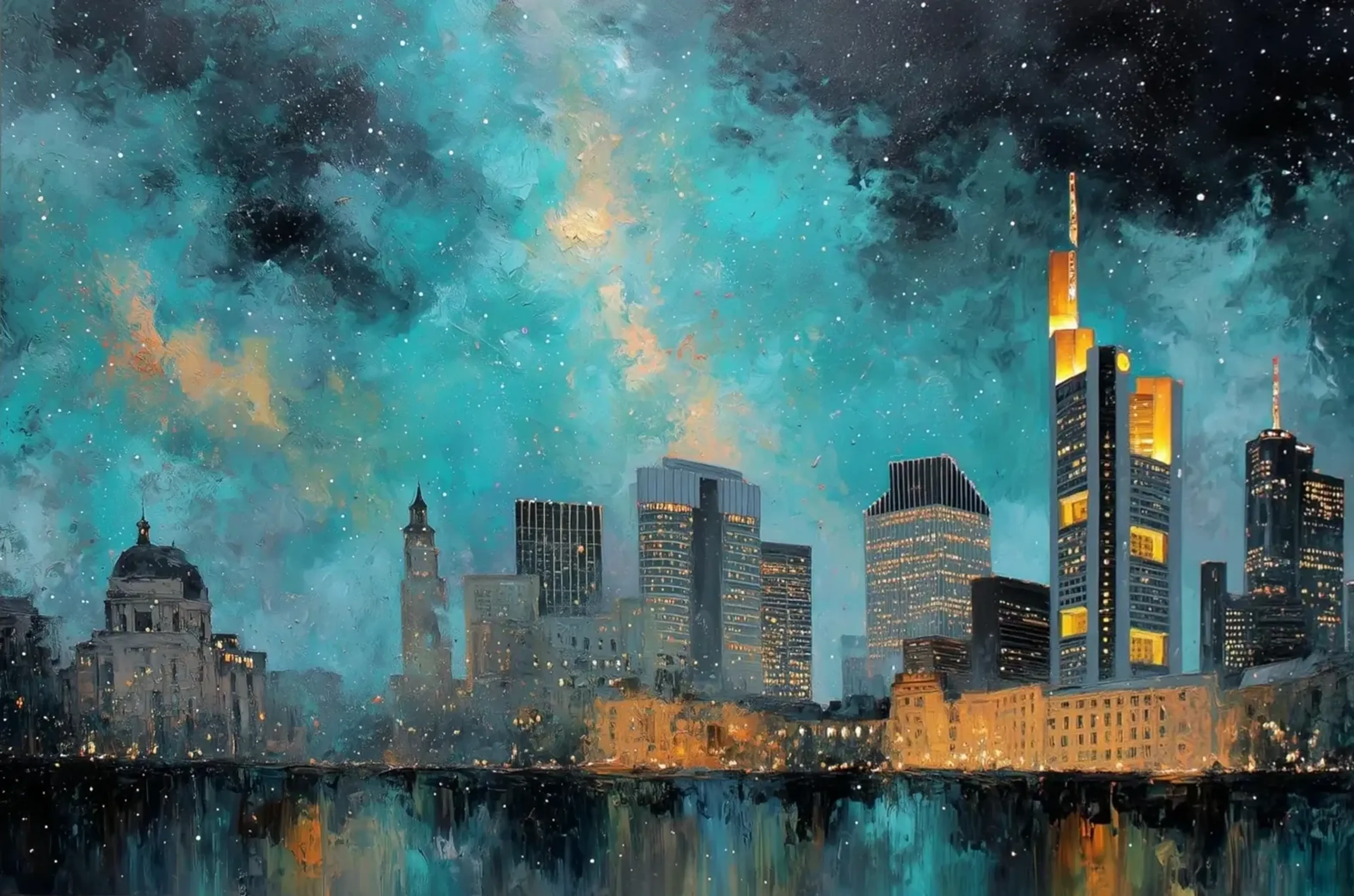 Frankfurt unter türkisfarbenem Himmel – Motiv als Wandbild auf Holz