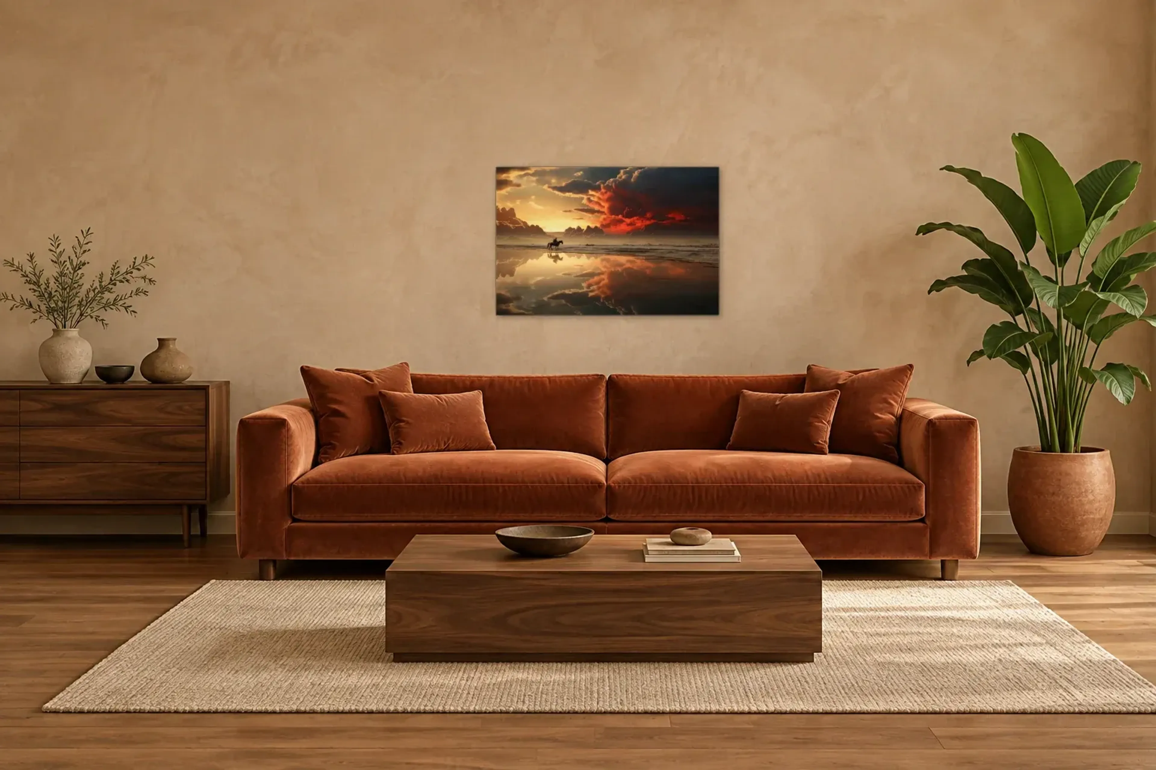 Reiter unter glühenden Wolken als Wandbild über einem 220-cm-Sofa