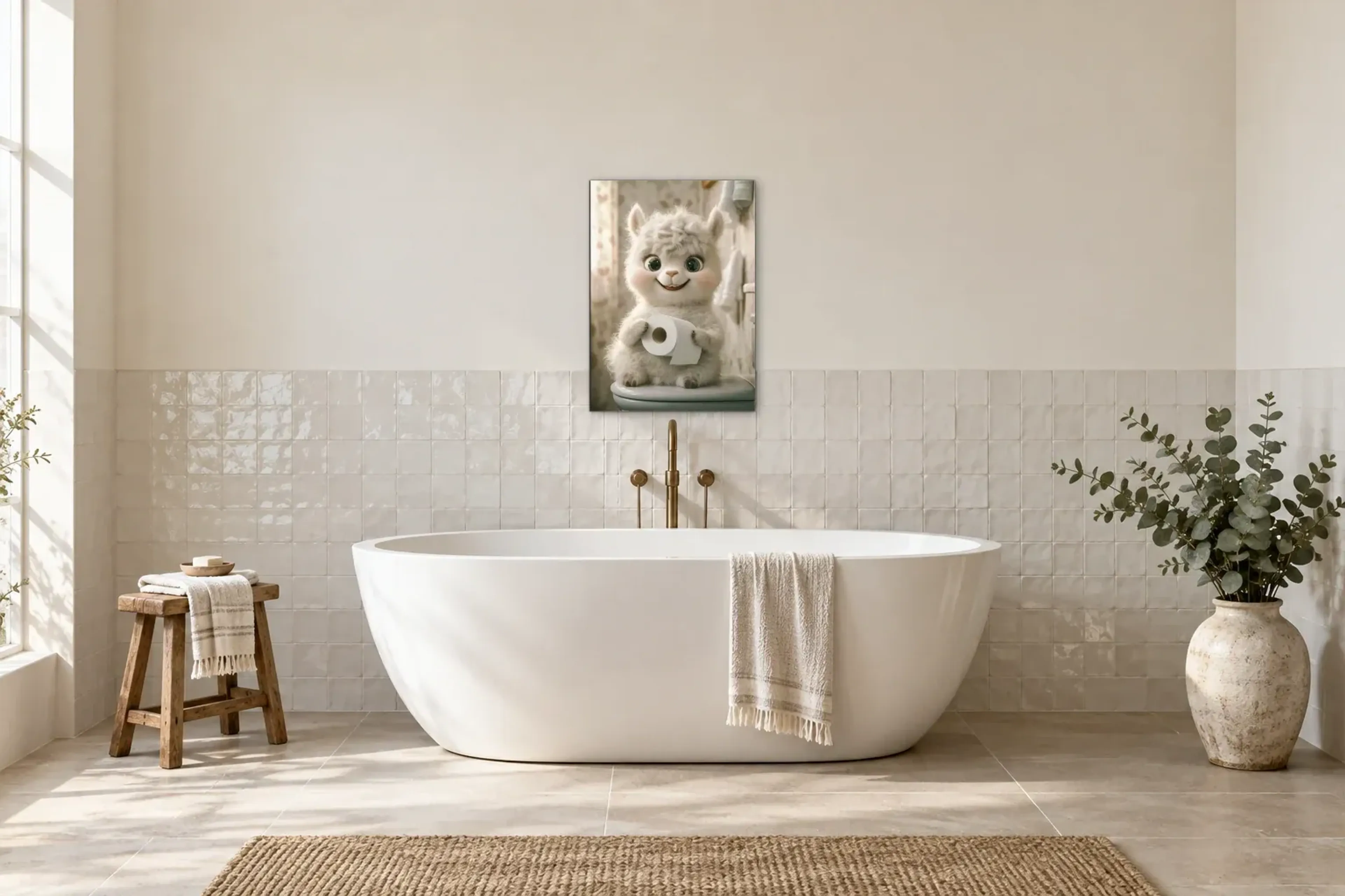 Alpaka mit Papierrolle als Wandbild über einer 170-cm-Badewanne