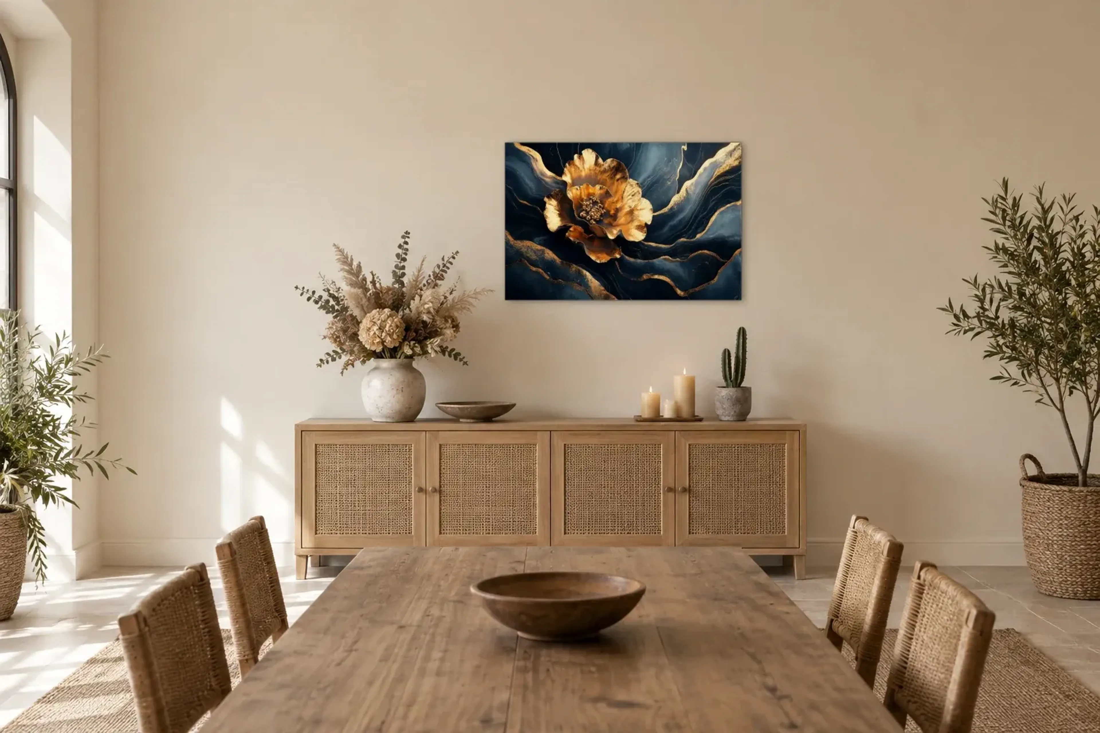 Blume Gold als Wandbild über einem 160-cm-Sideboard