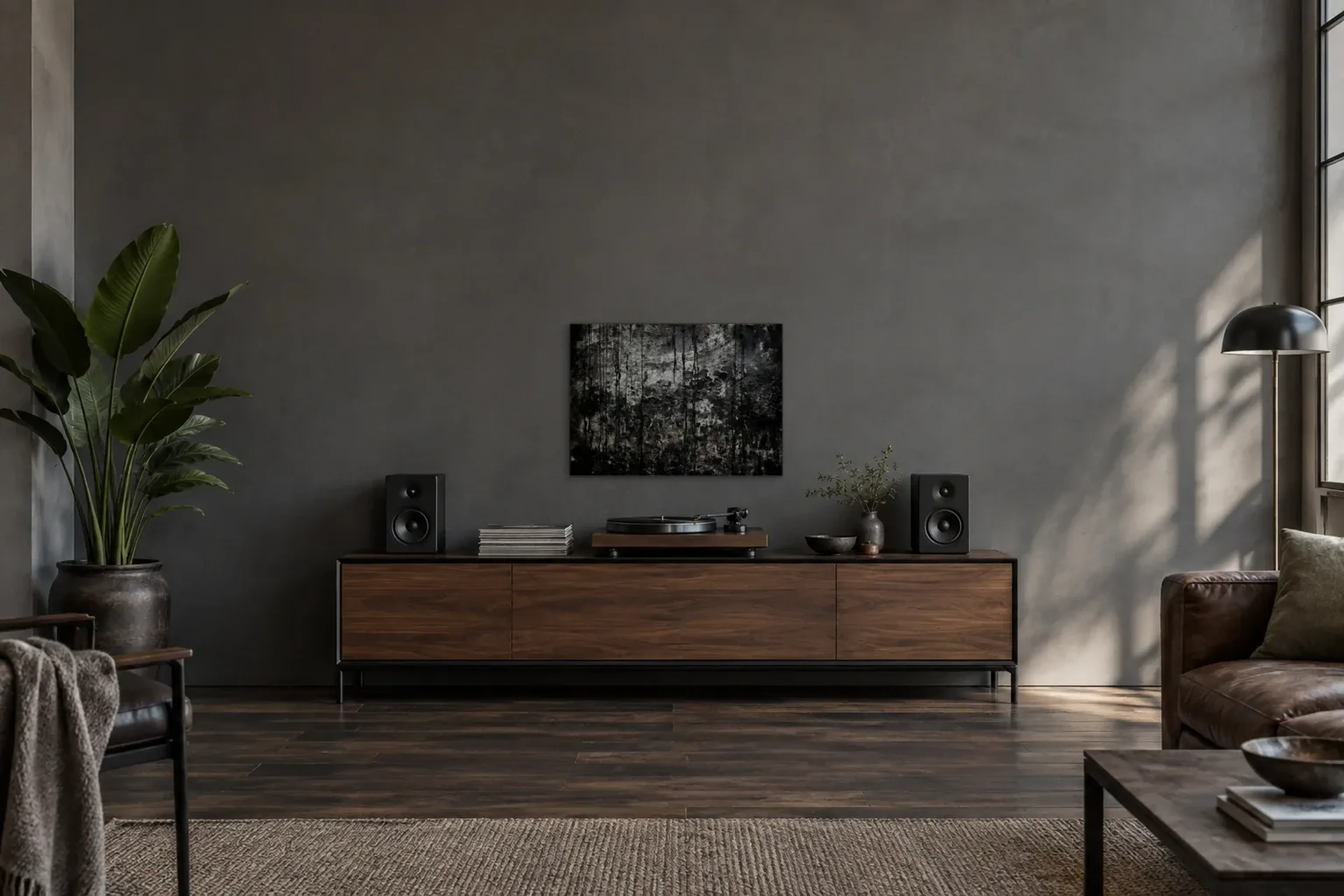Dunkle Wandstruktur als Wandbild über einem 200-cm-Sideboard