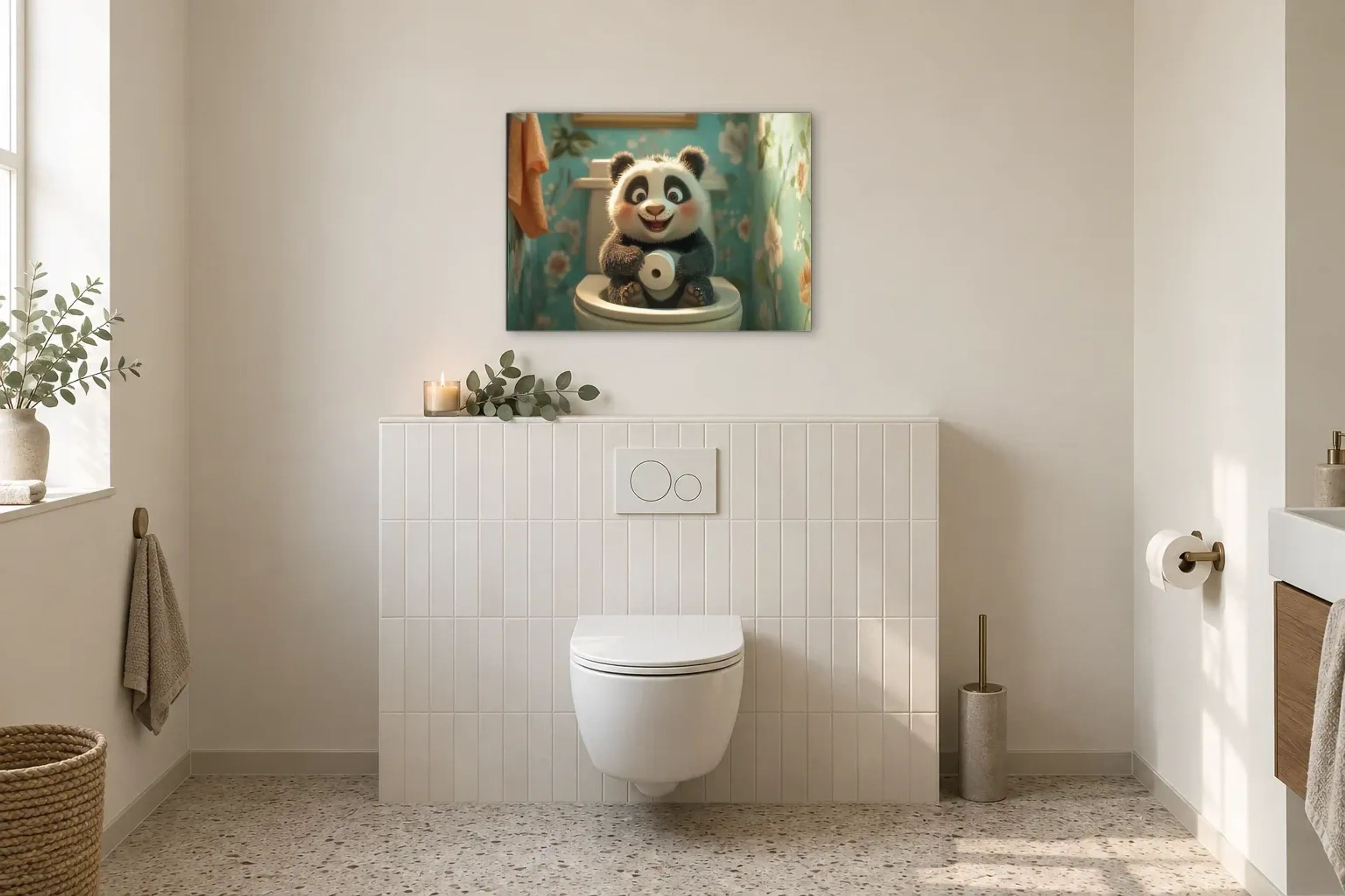 Panda mit Papierrolle als Wandbild im Gäste-WC