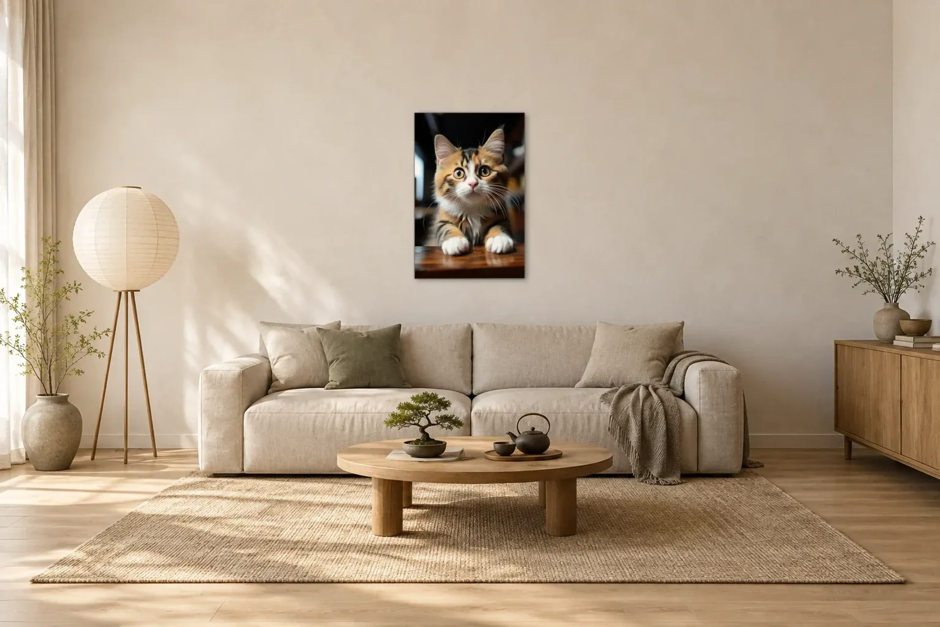 Junge Katze als Wandbild über einem 220-cm-Sofa