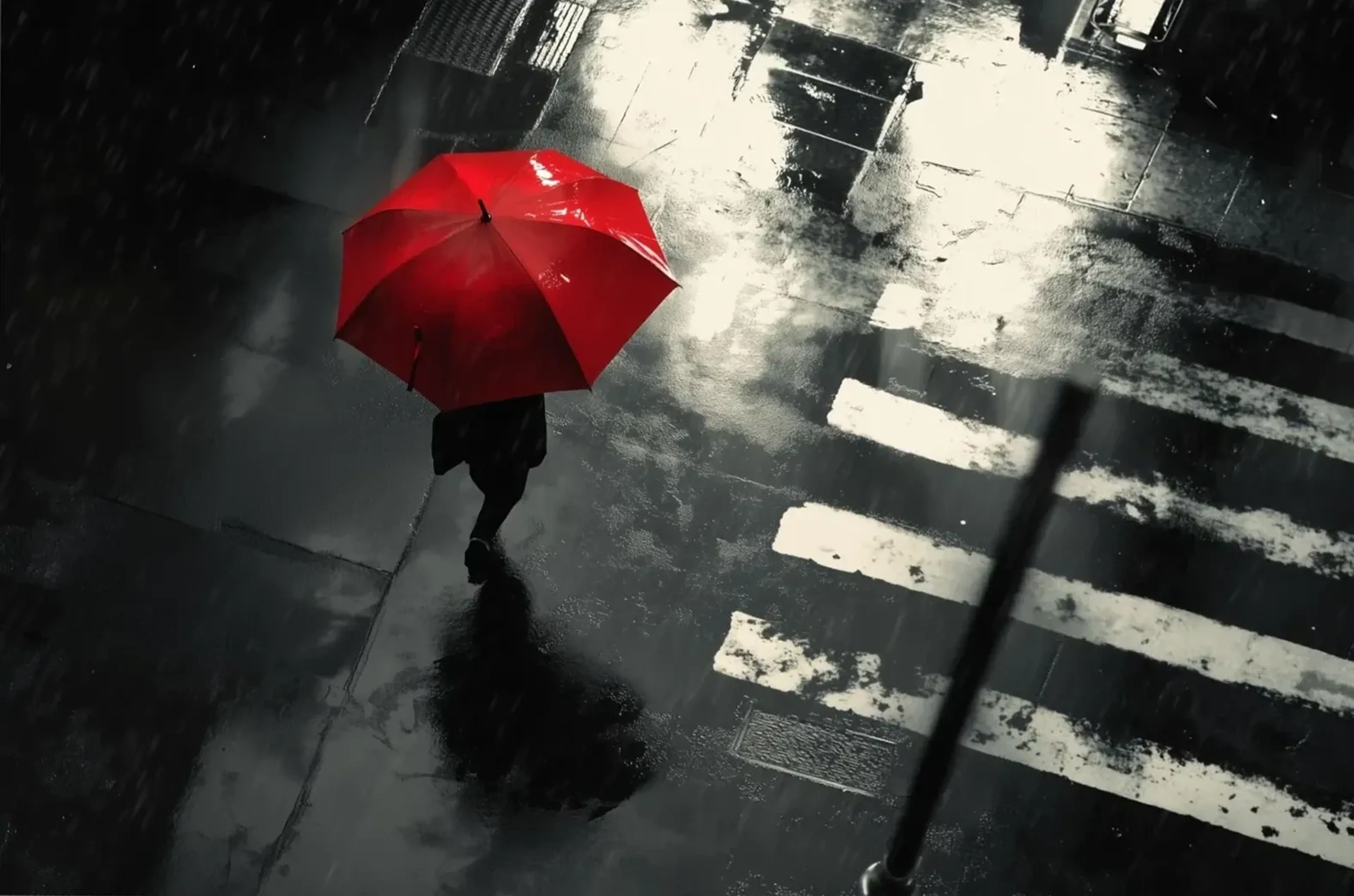 Roter Schirm im Regen – Motiv als Wandbild auf Holz